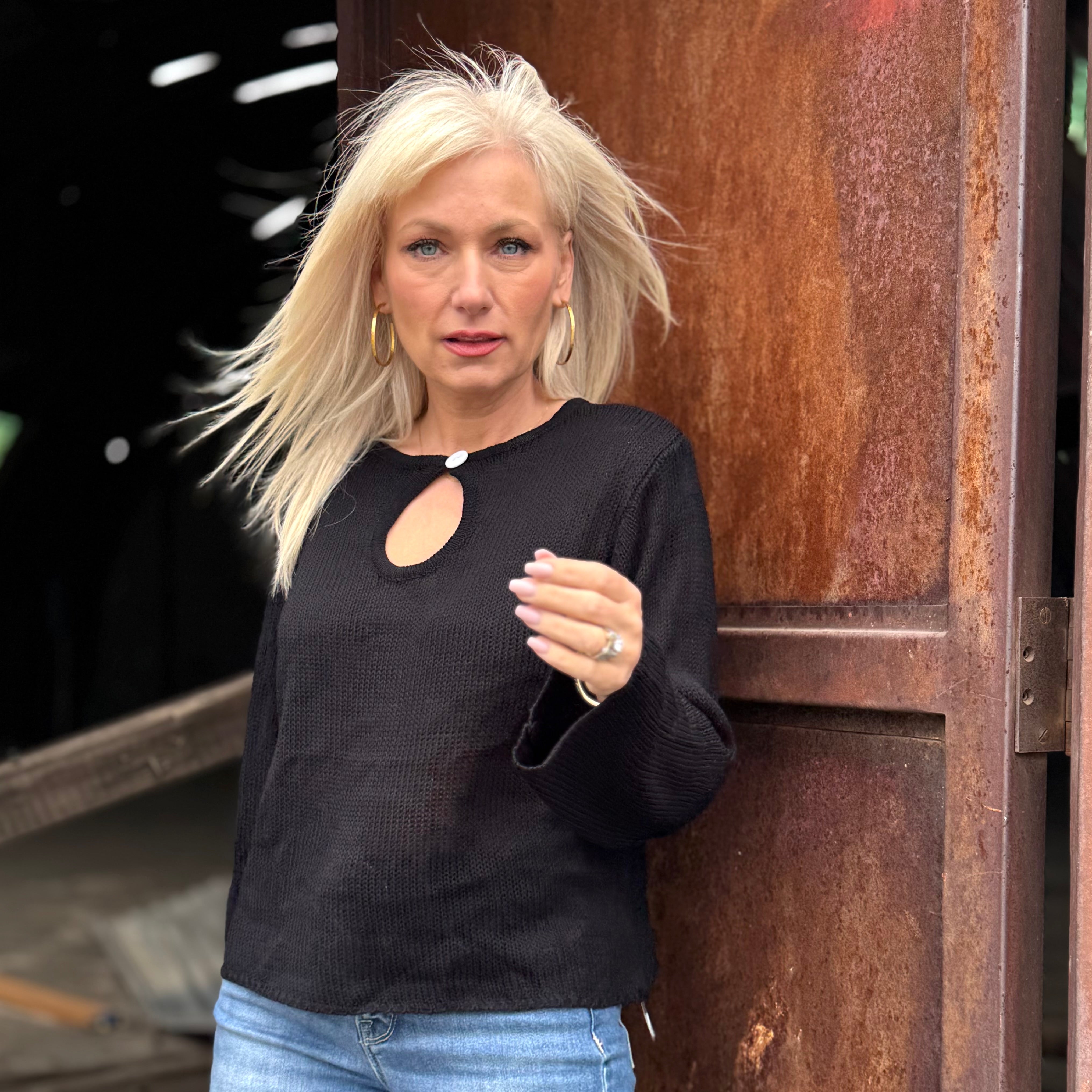Golden Hour Cotton Keyhole Sweater Black