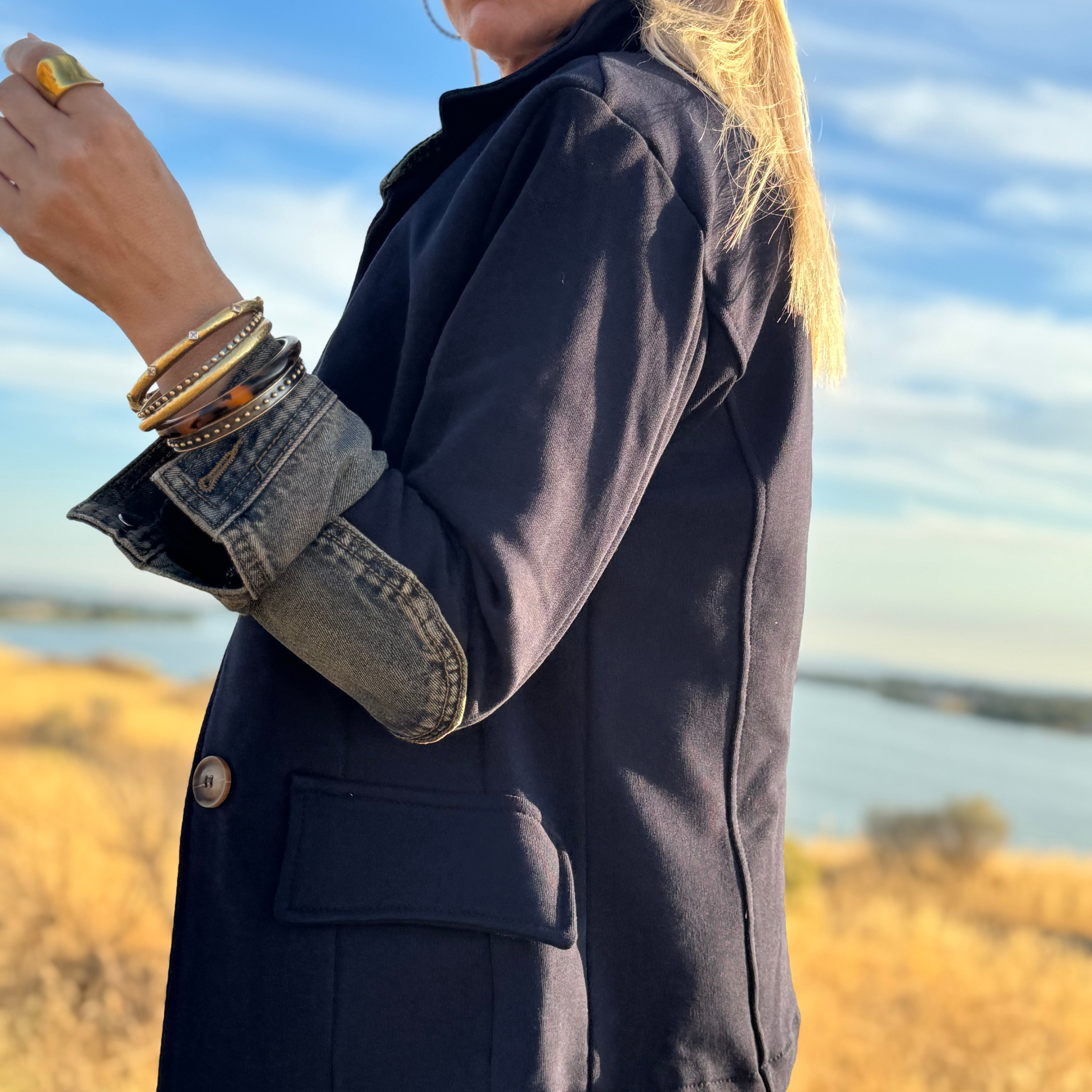 The Denim Detail French Terry Jacket — Navy
