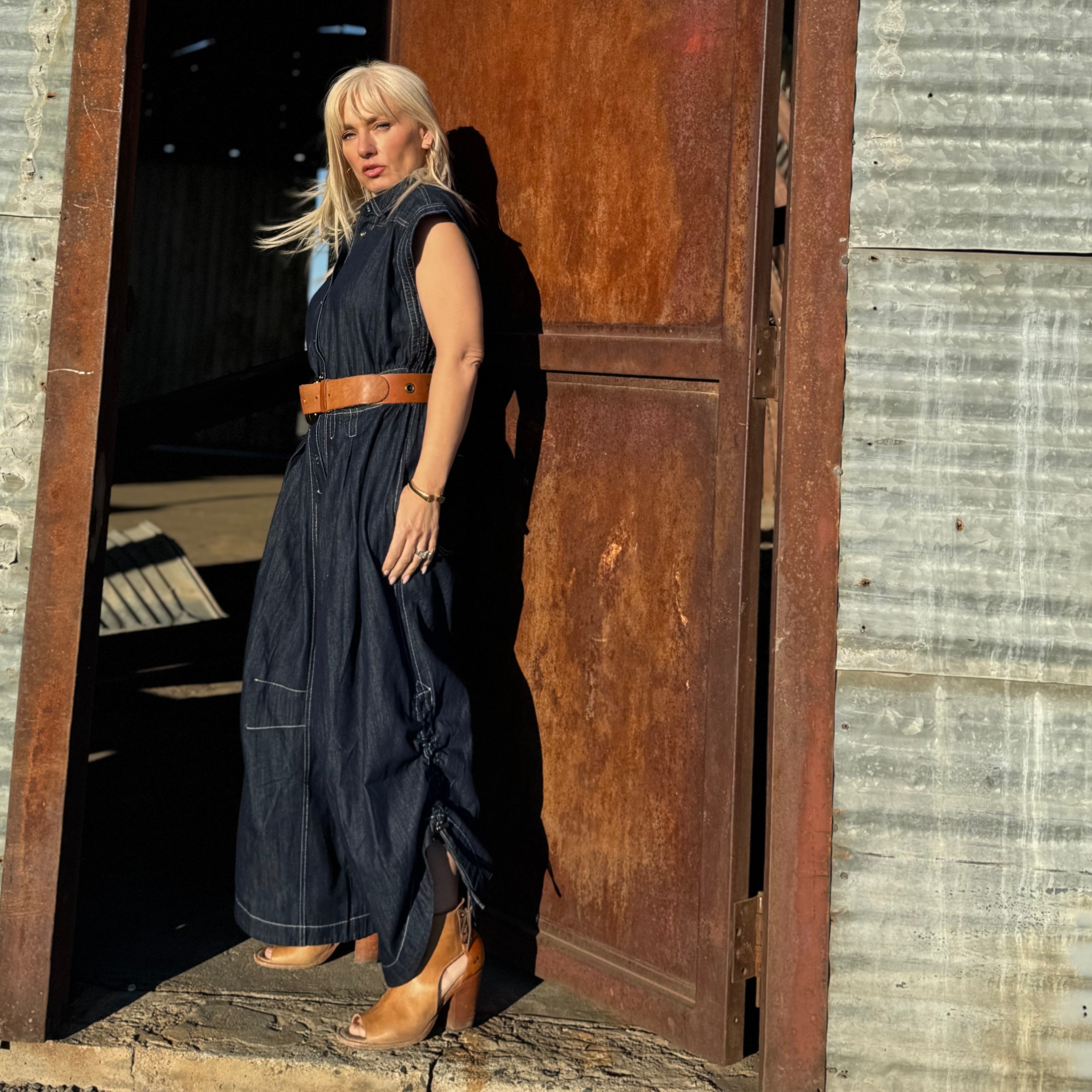 Saddle Stitch Denim Utility Jumpsuit