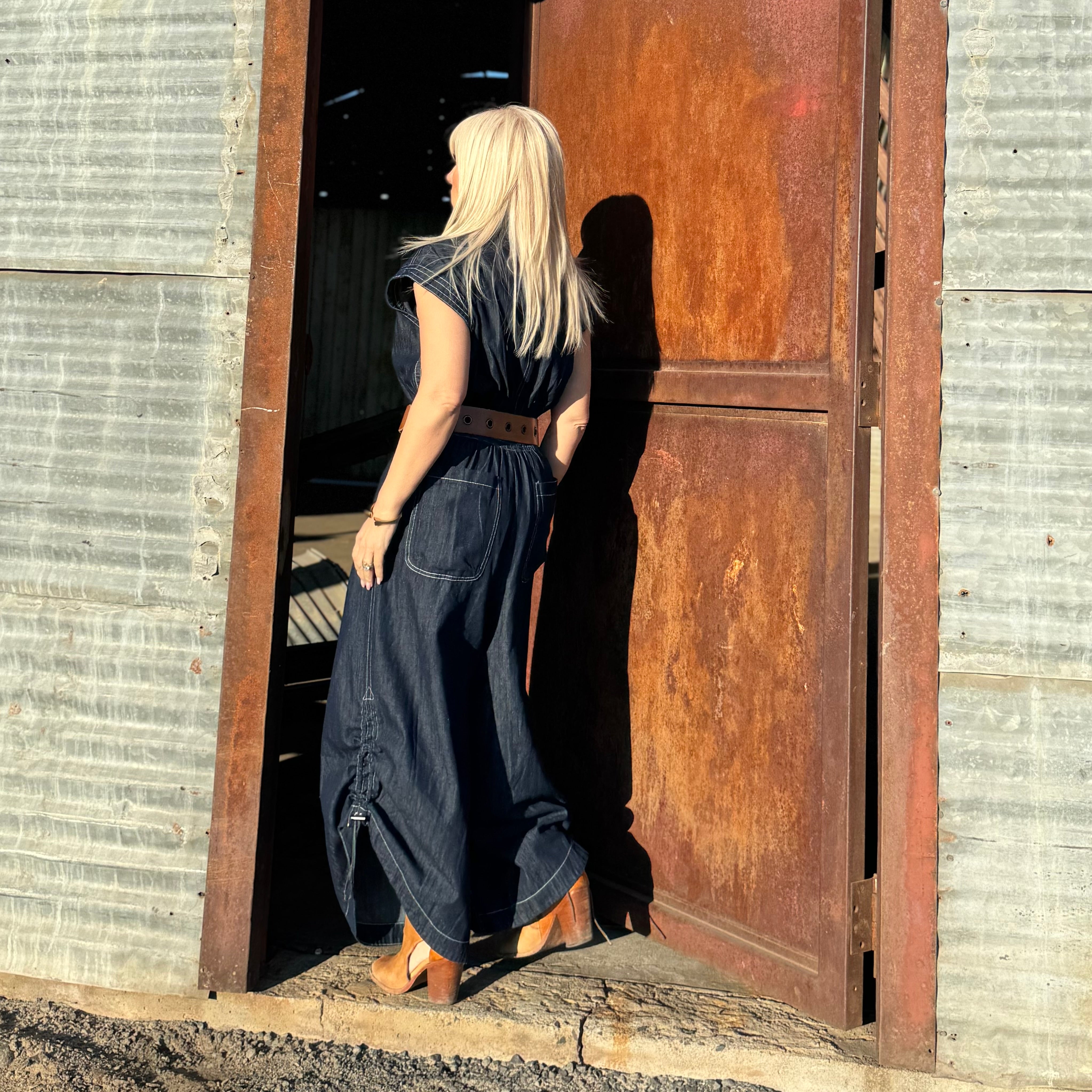 Saddle Stitch Denim Utility Jumpsuit