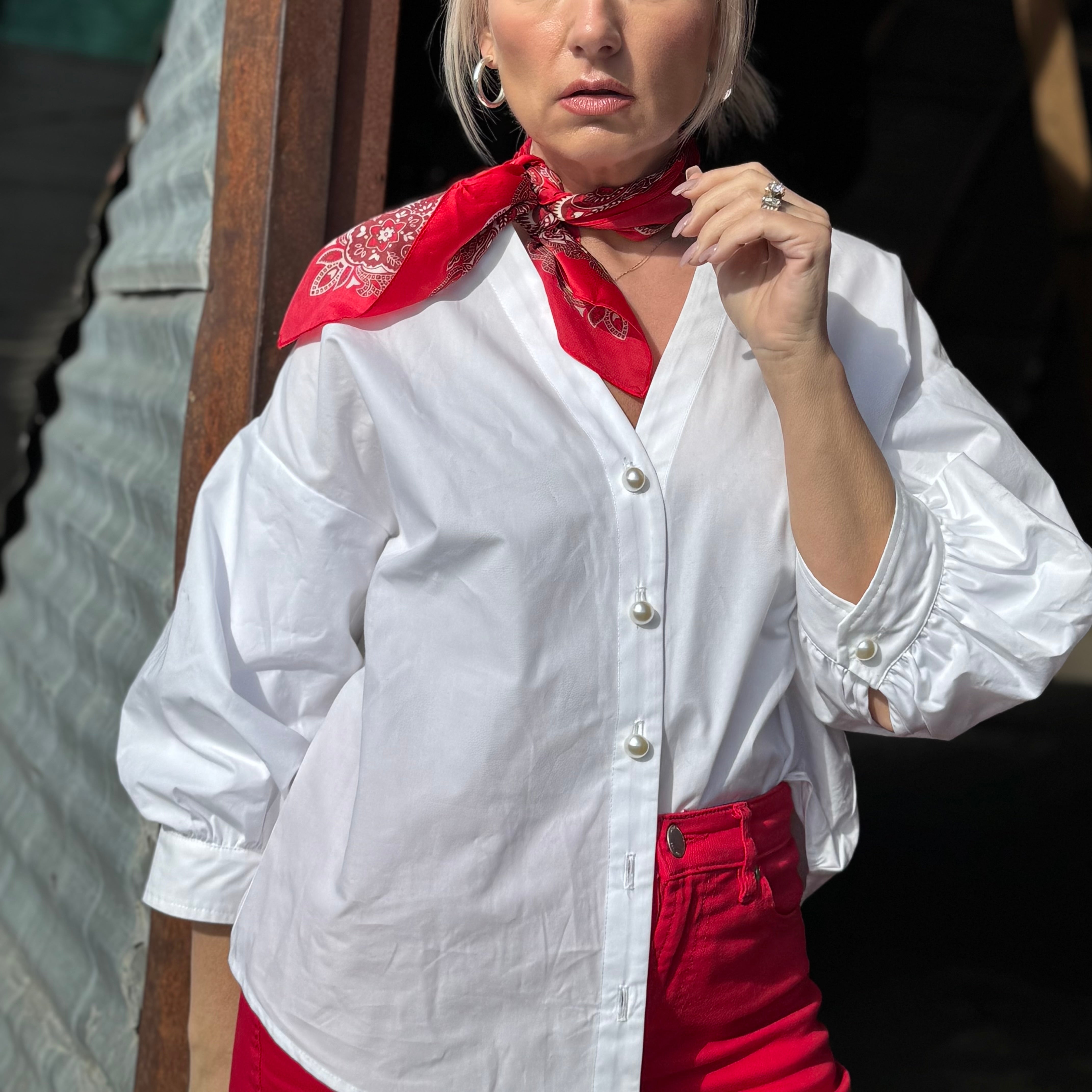 Lantern Sleeve Pearl Button Top