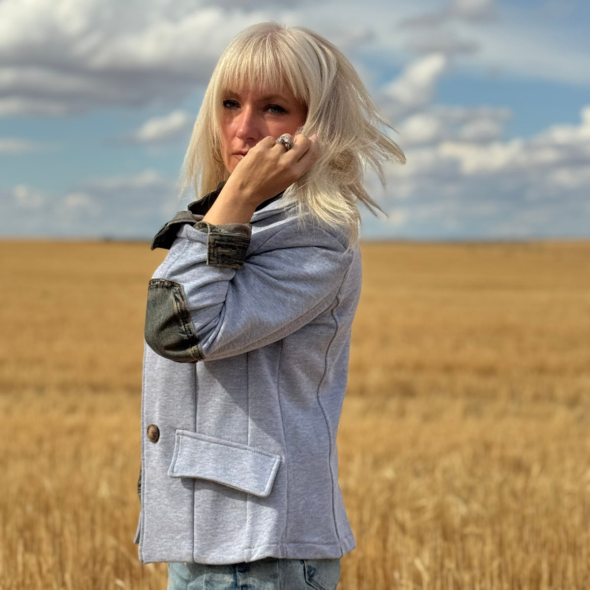 The Denim Detail French Terry Jacket - Gray