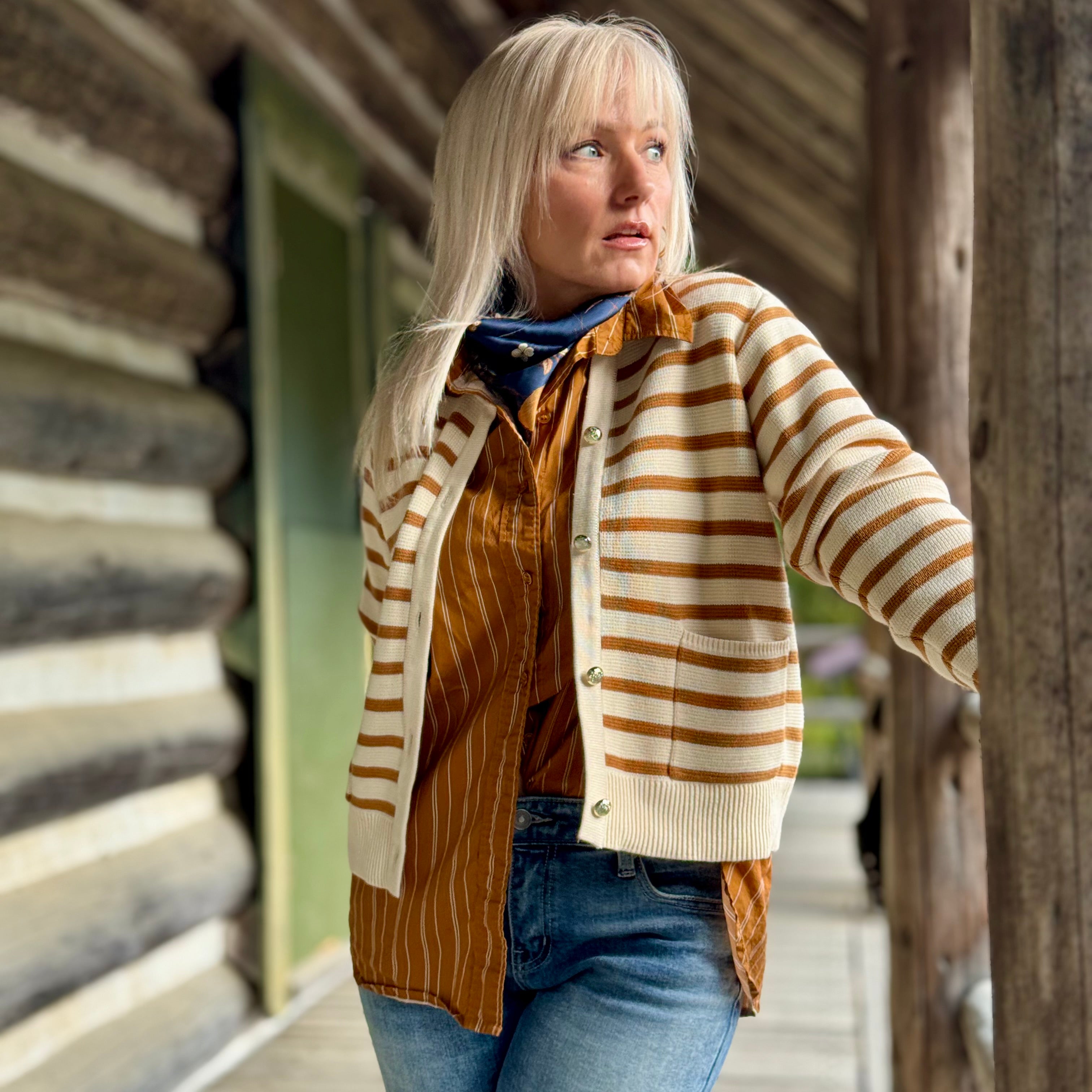 MELINDA BURLAP STRIPE CARDIGAN