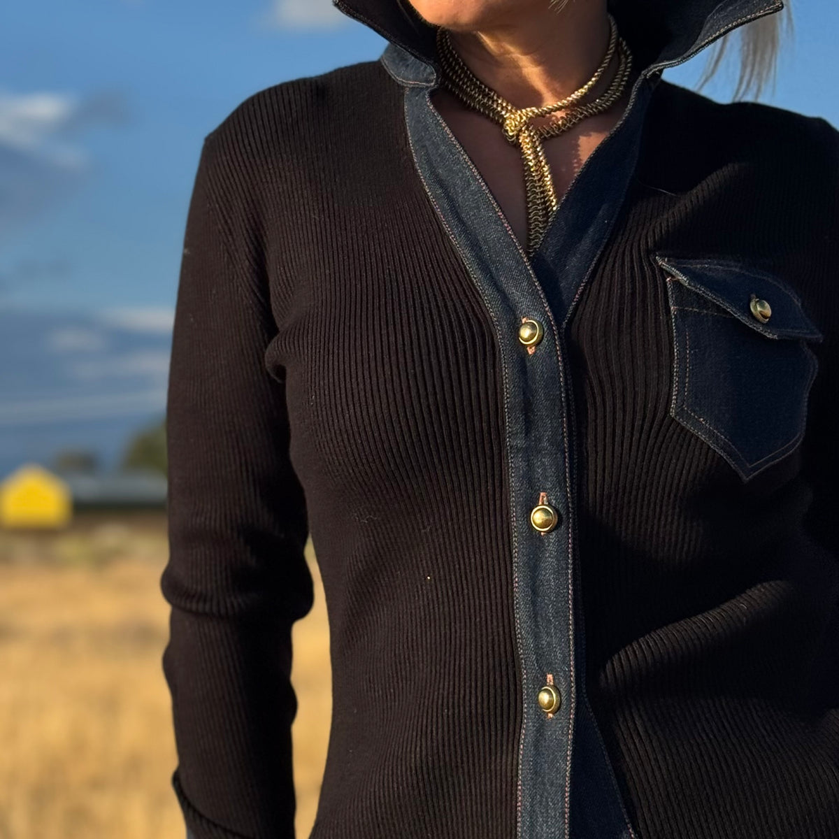 The Denim Detail Ribbed Top