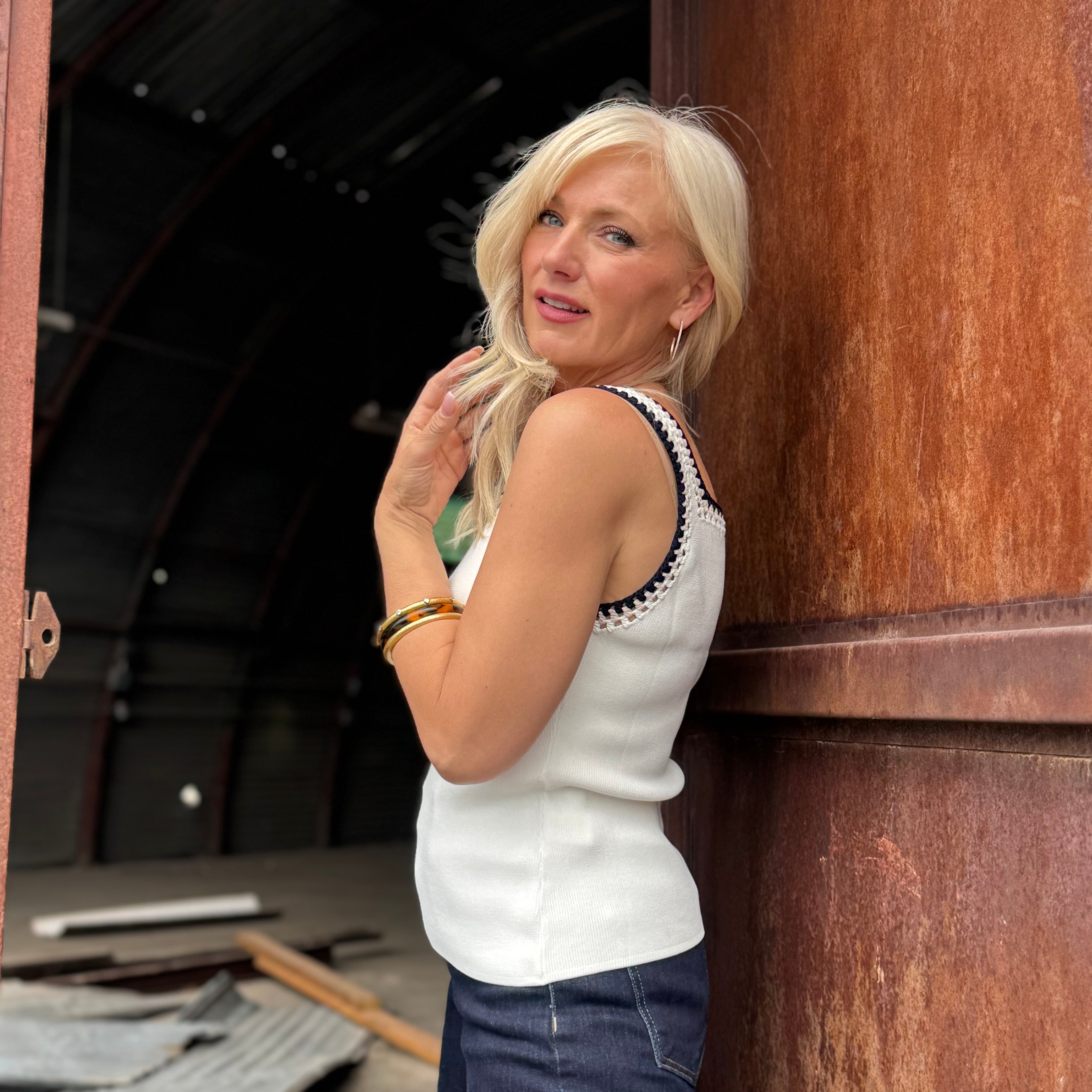 Monaco Muse Crochet Trim Tank Ivory