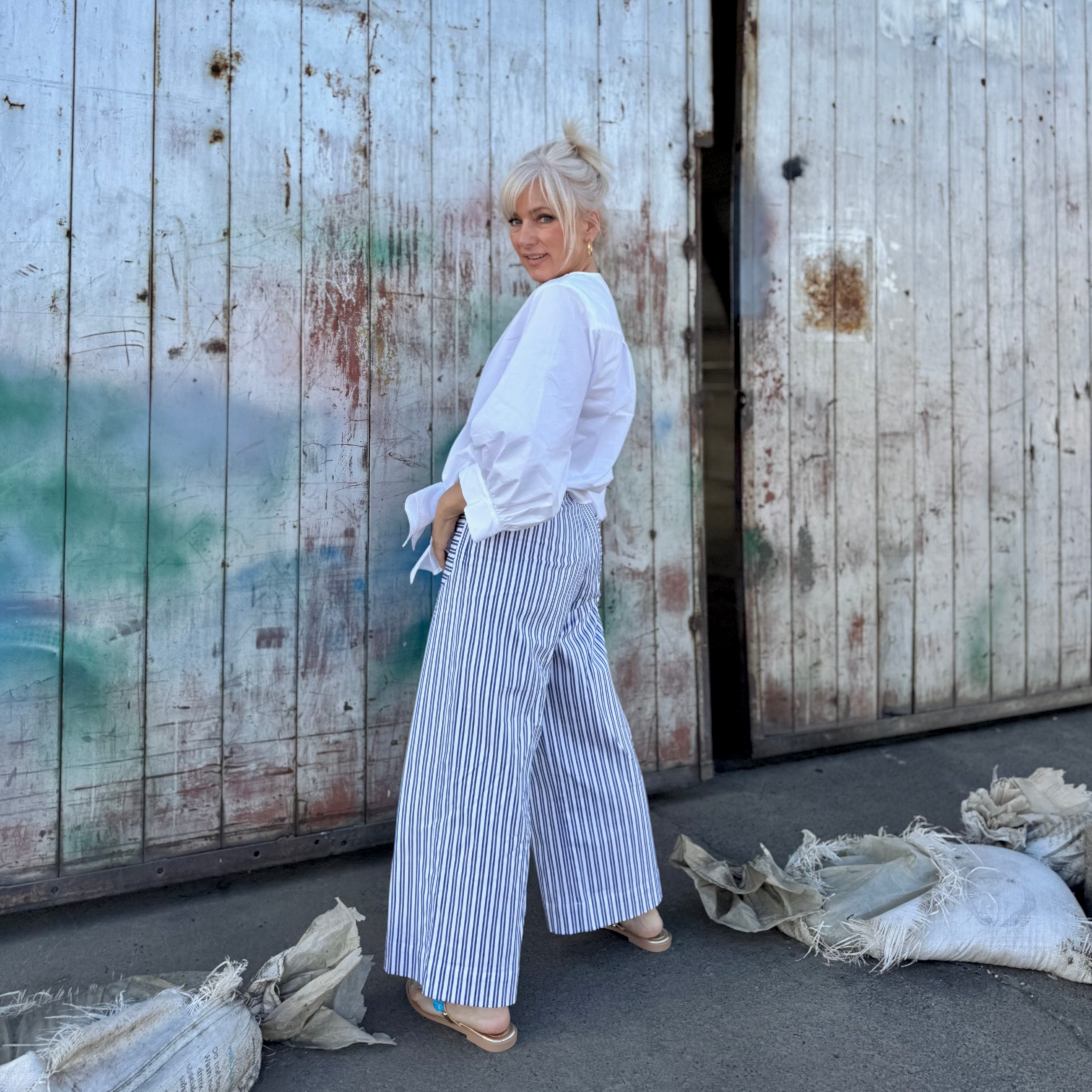 Stripe Cropped Wide-Leg Pants