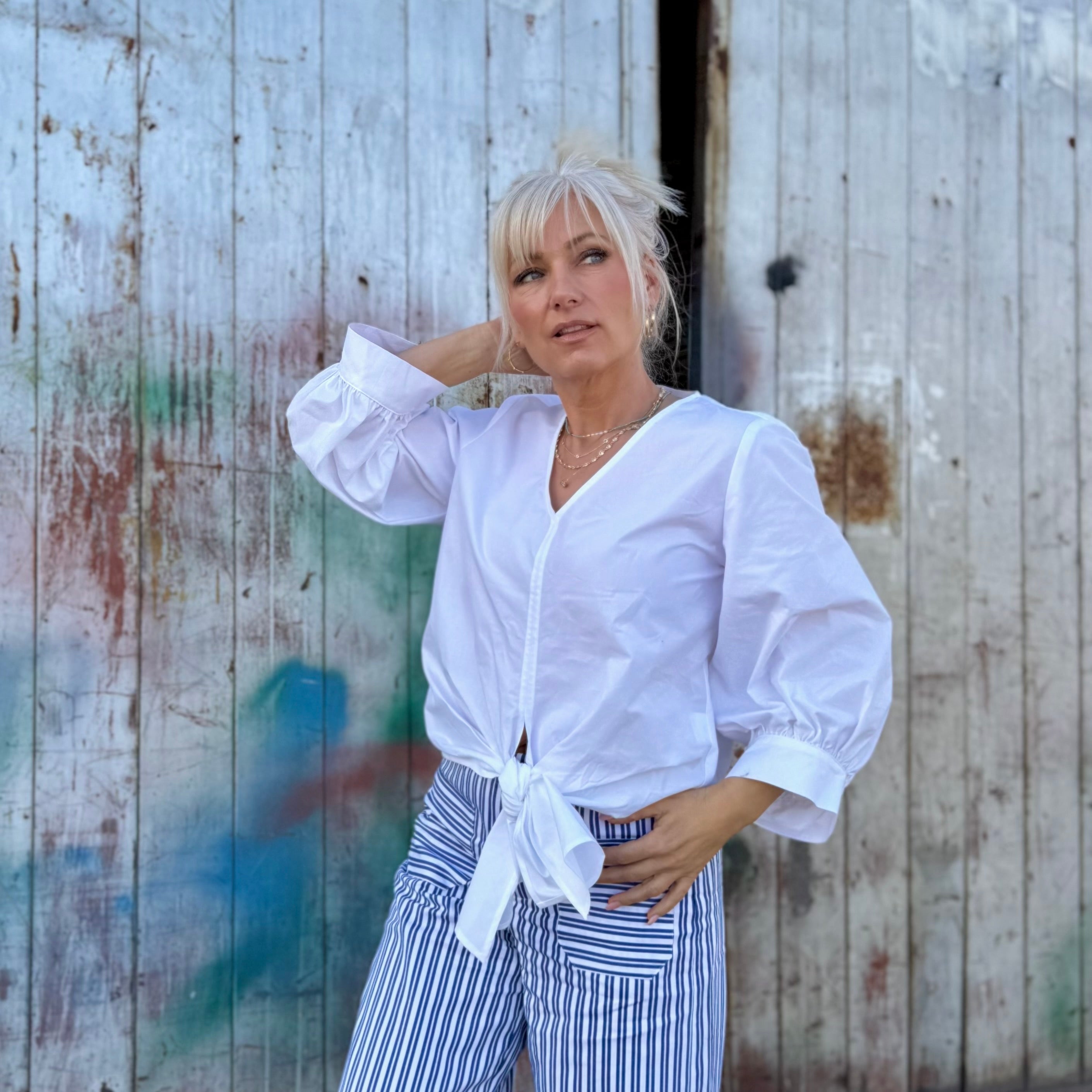 Blouson Sleeve Tie-Front Top White