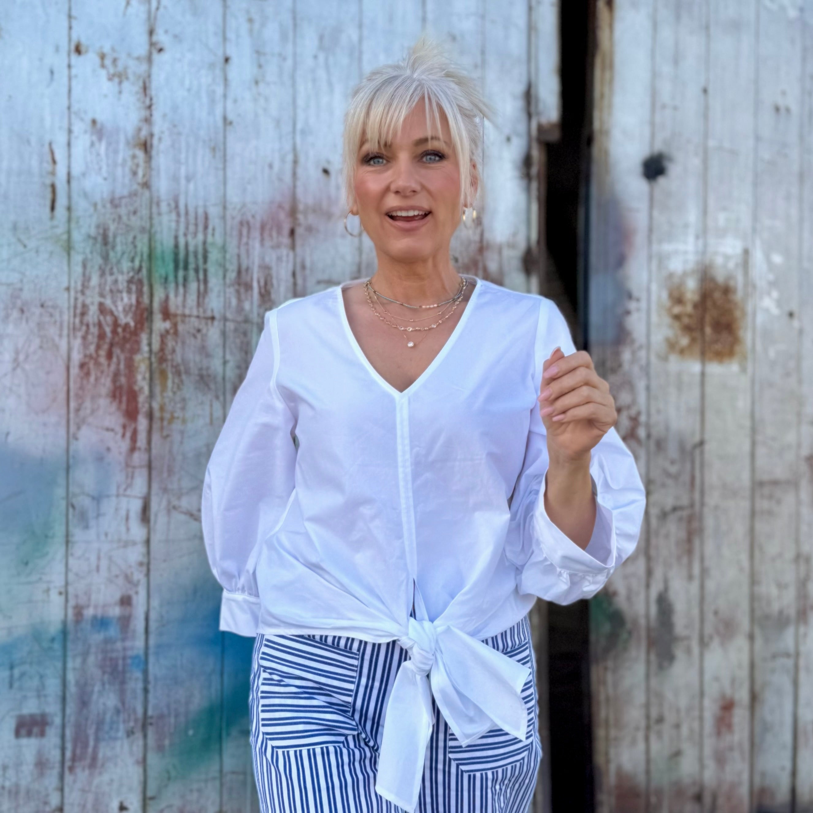 Blouson Sleeve Tie-Front Top White