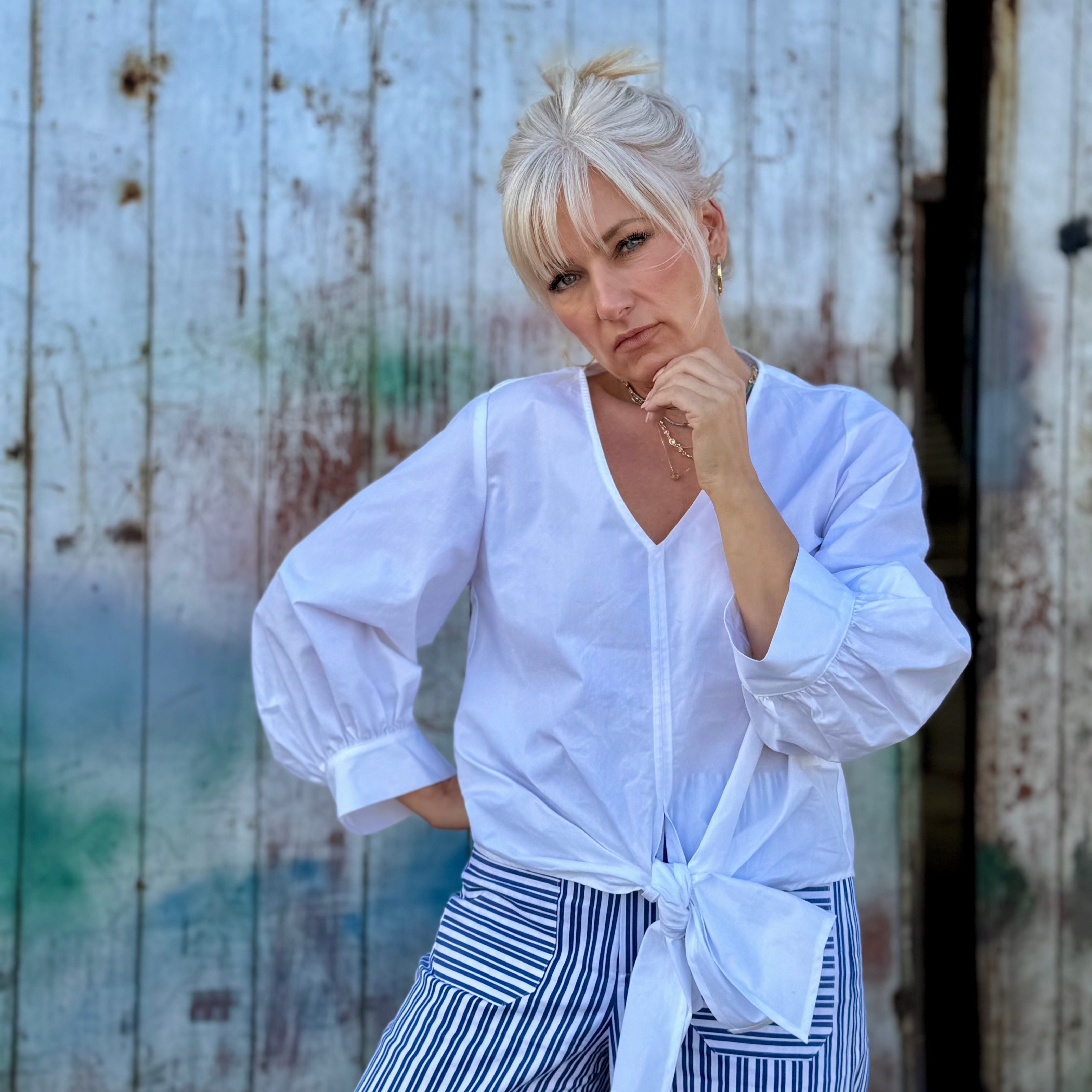 Blouson Sleeve Tie-Front Top White