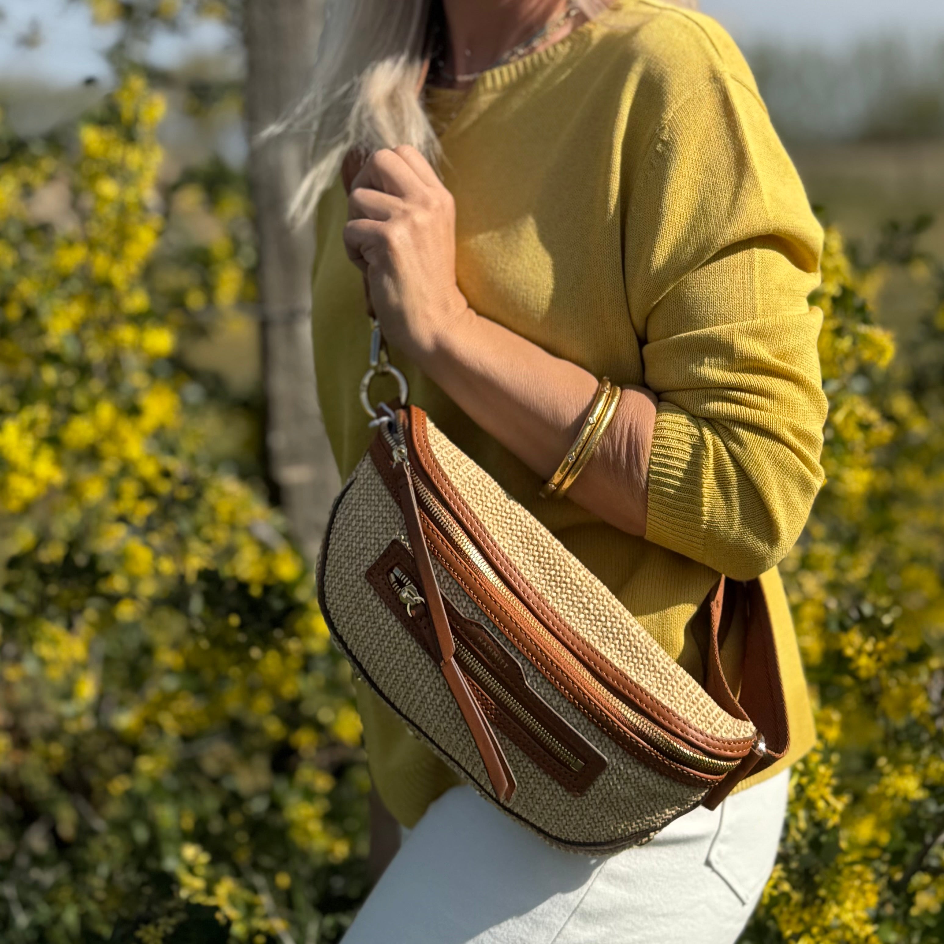 Hammitt Charles Crossbody Med Cocoa Raffia/Gold