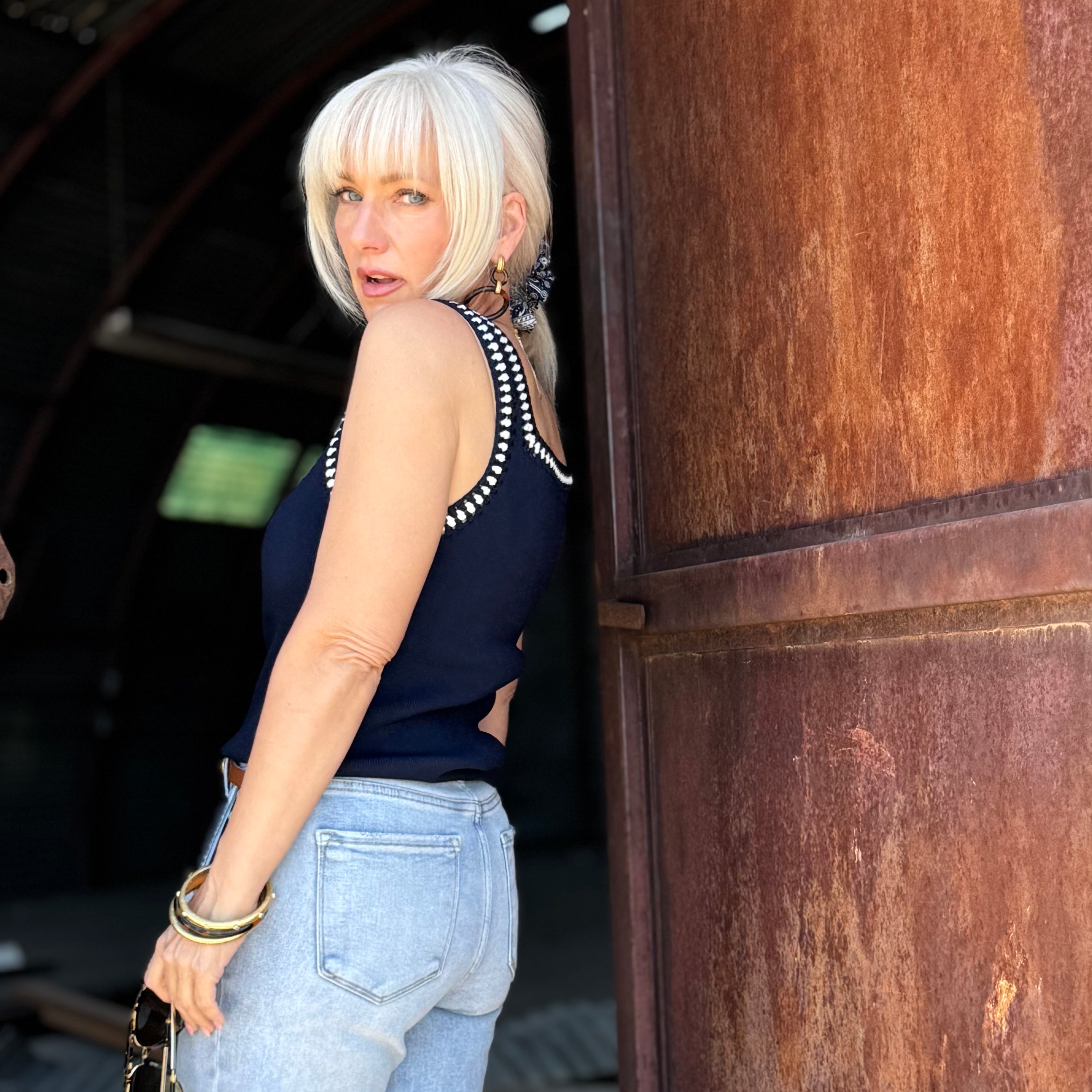 Monaco Muse Crochet Trim Tank Navy