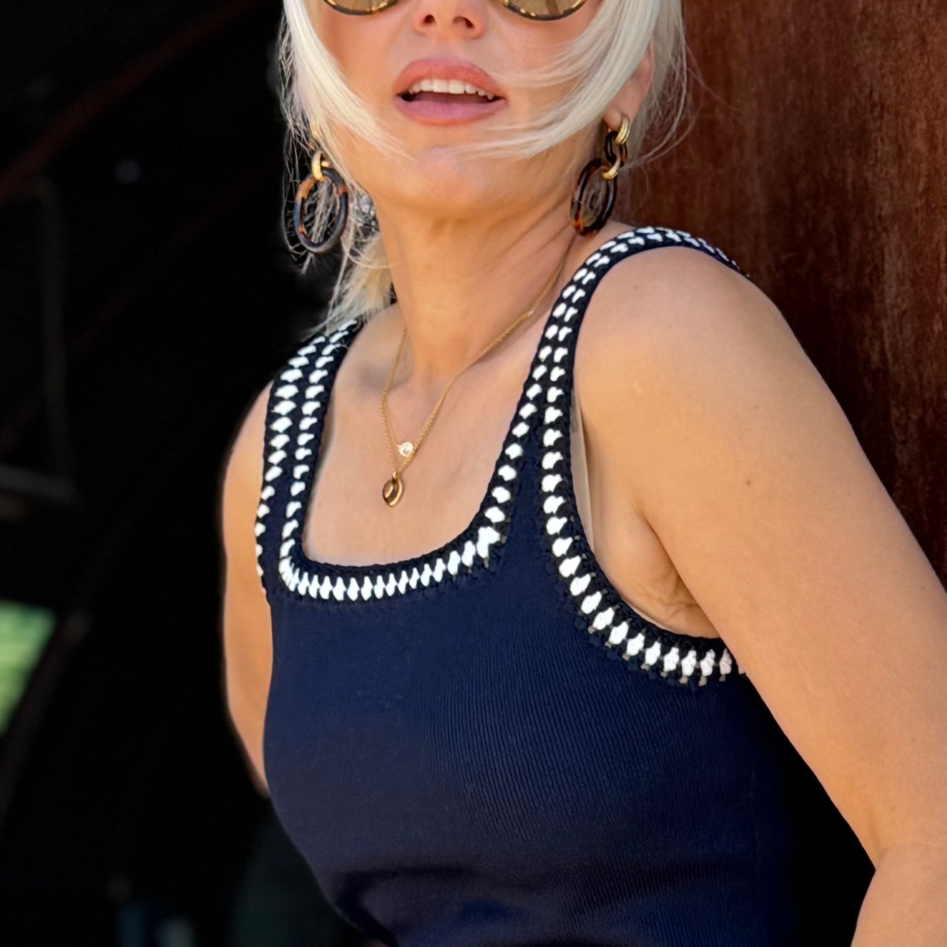 Monaco Muse Crochet Trim Tank Navy
