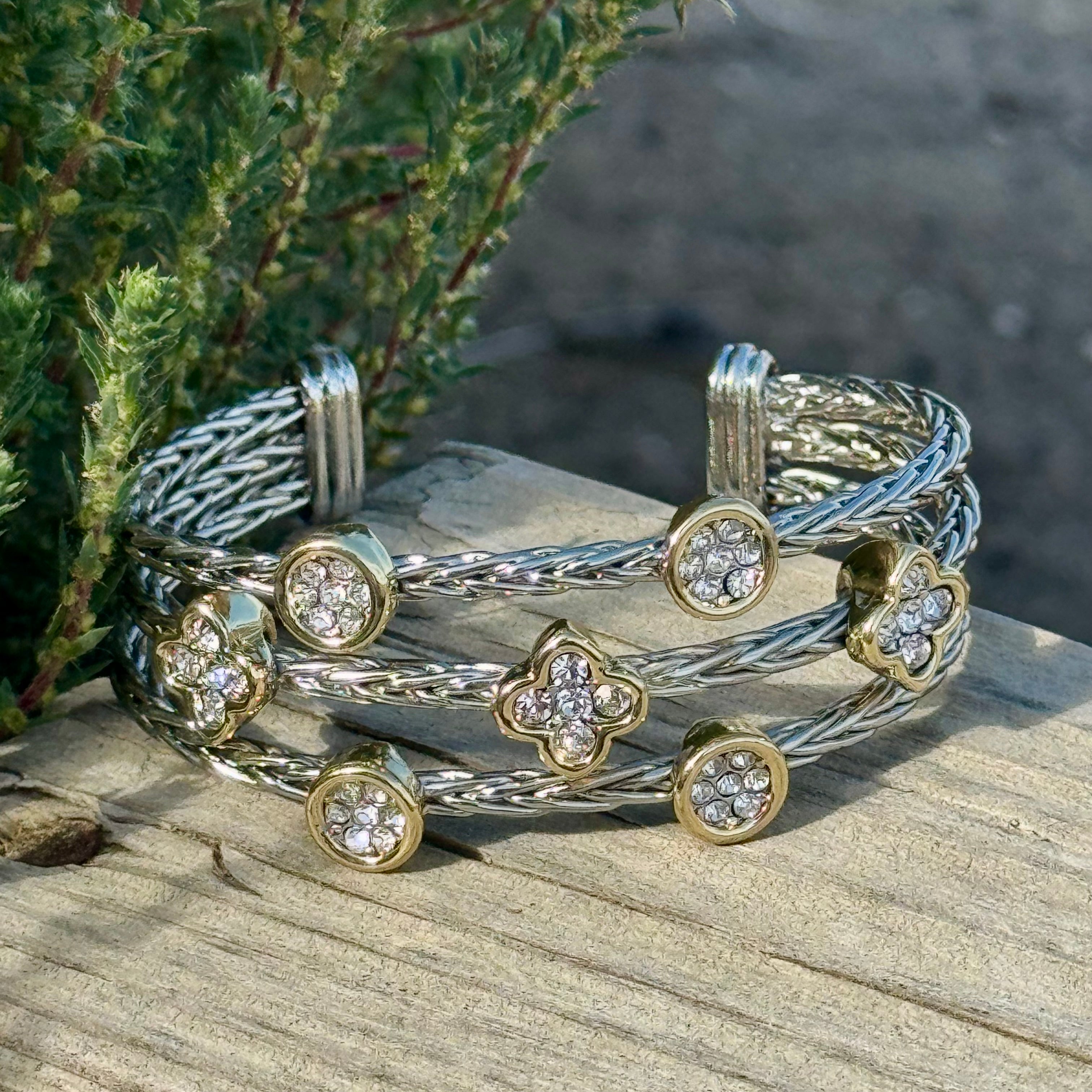 Mixed Metal Crystal Cuff Bracelet