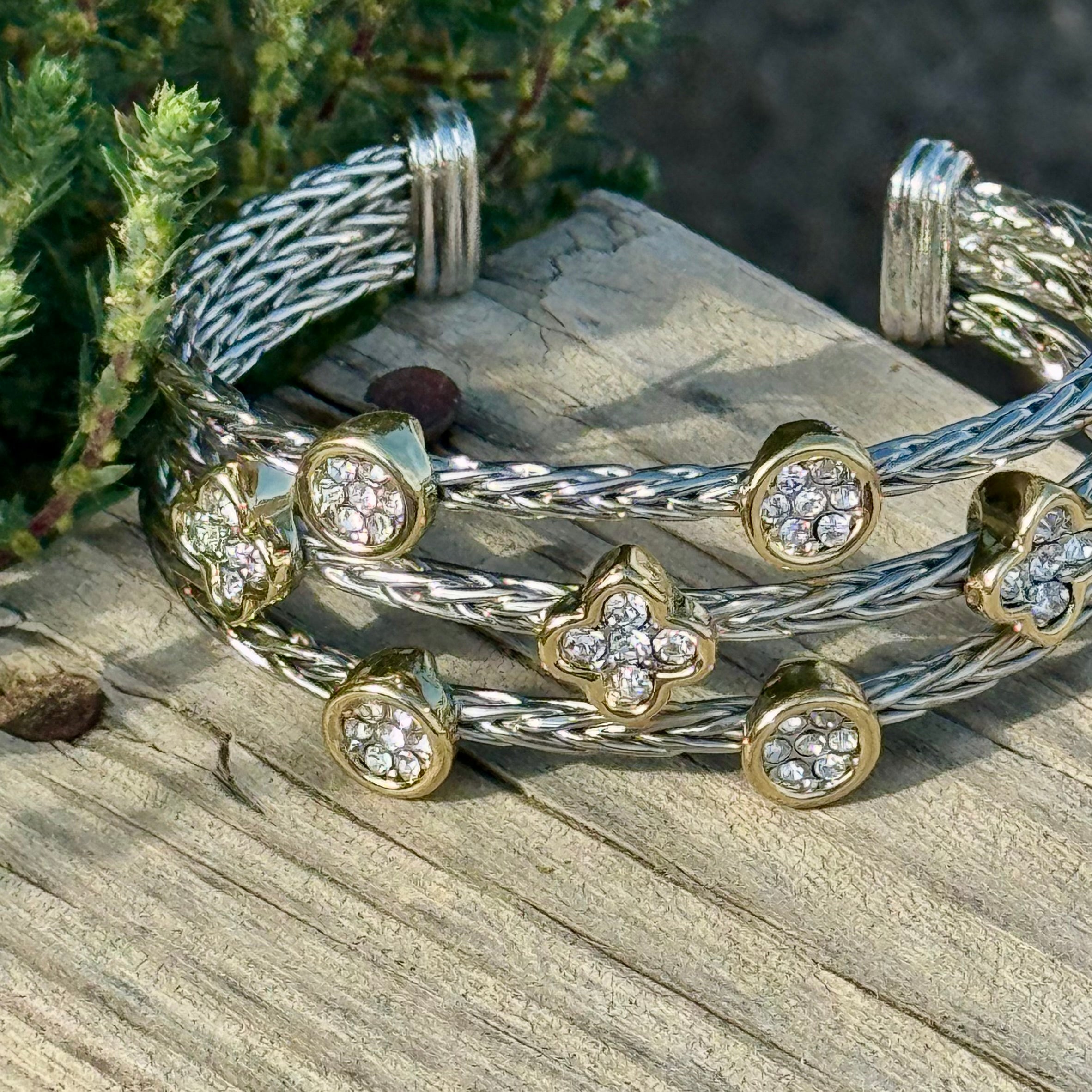 Mixed Metal Crystal Cuff Bracelet