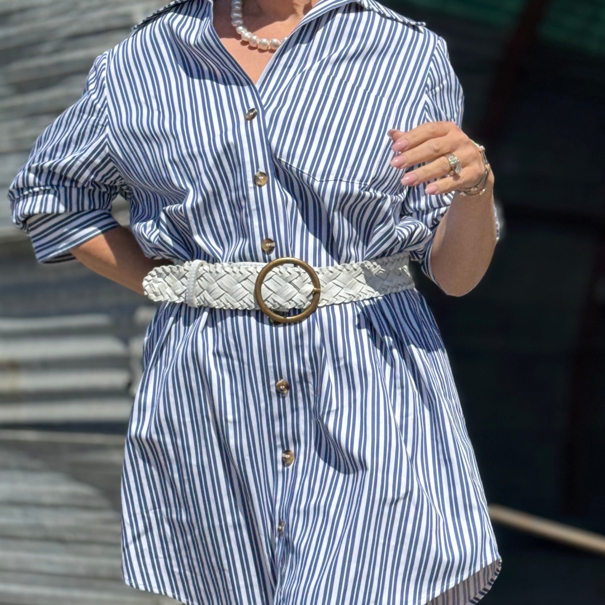 Stripe Ruched Sleeve Shirtdress