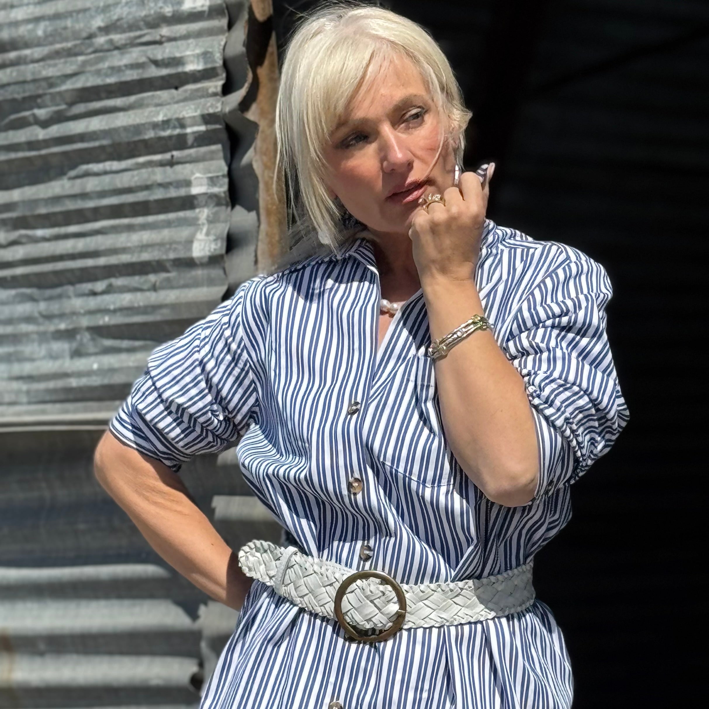 Stripe Ruched Sleeve Shirtdress