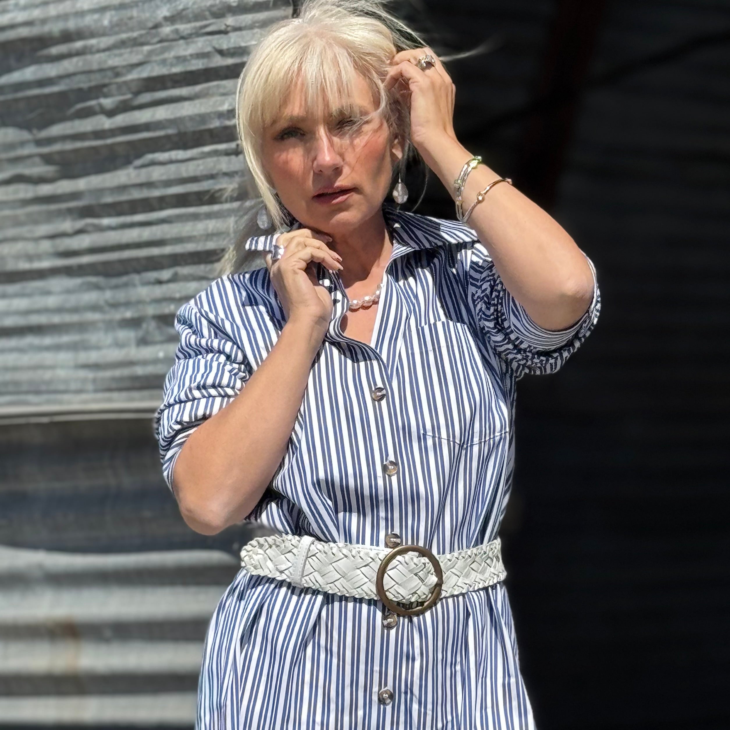 Stripe Ruched Sleeve Shirtdress
