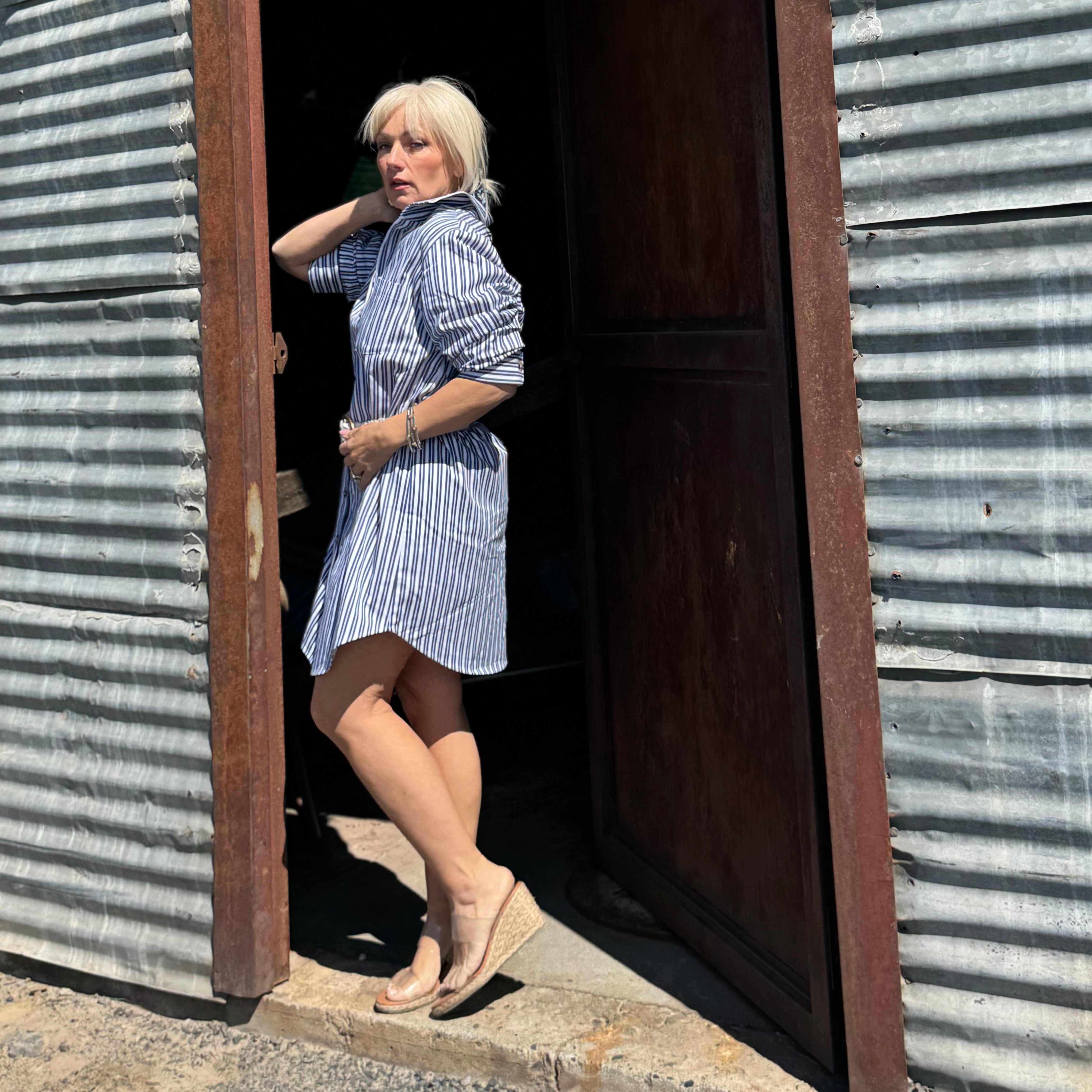 Stripe Ruched Sleeve Shirtdress