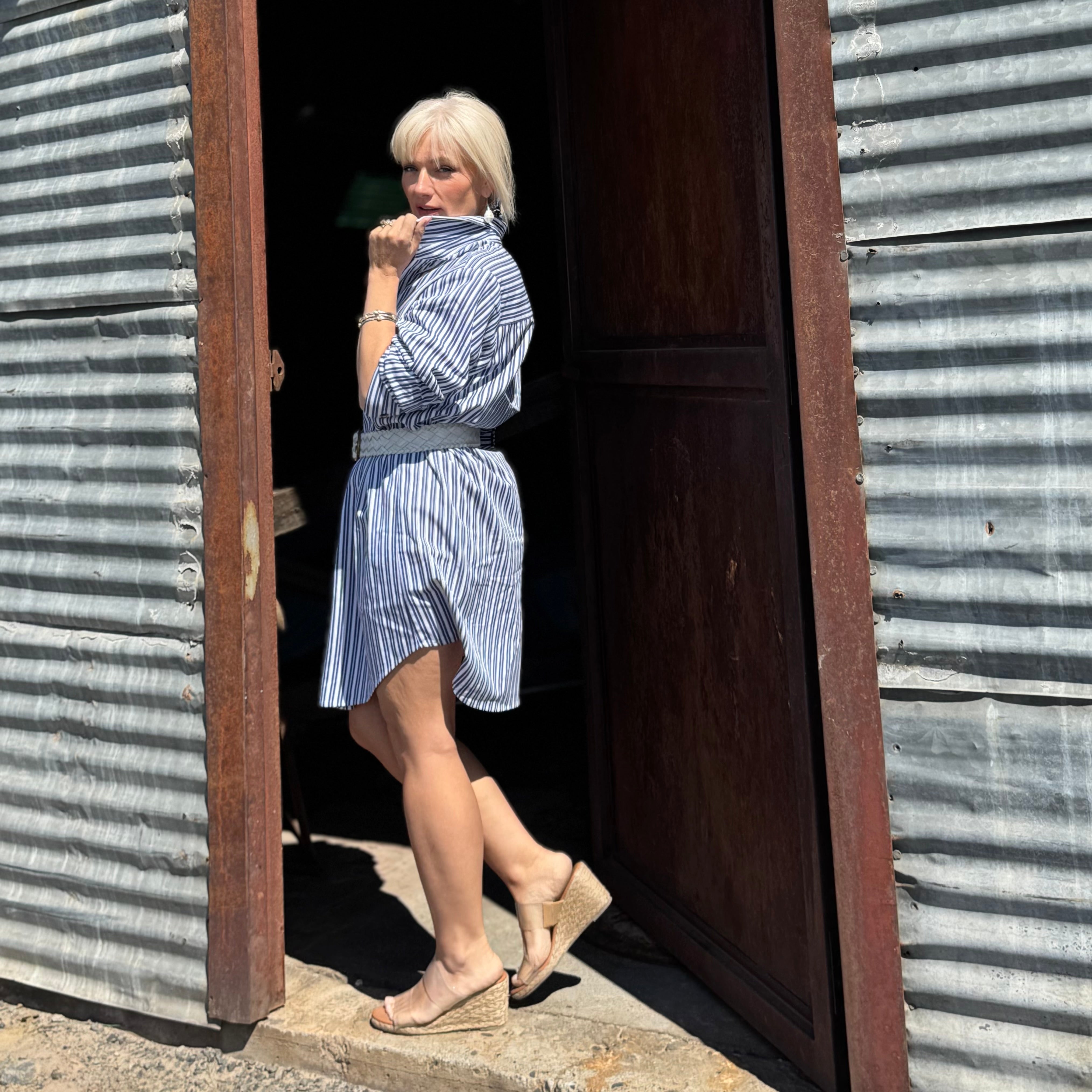 Stripe Ruched Sleeve Shirtdress