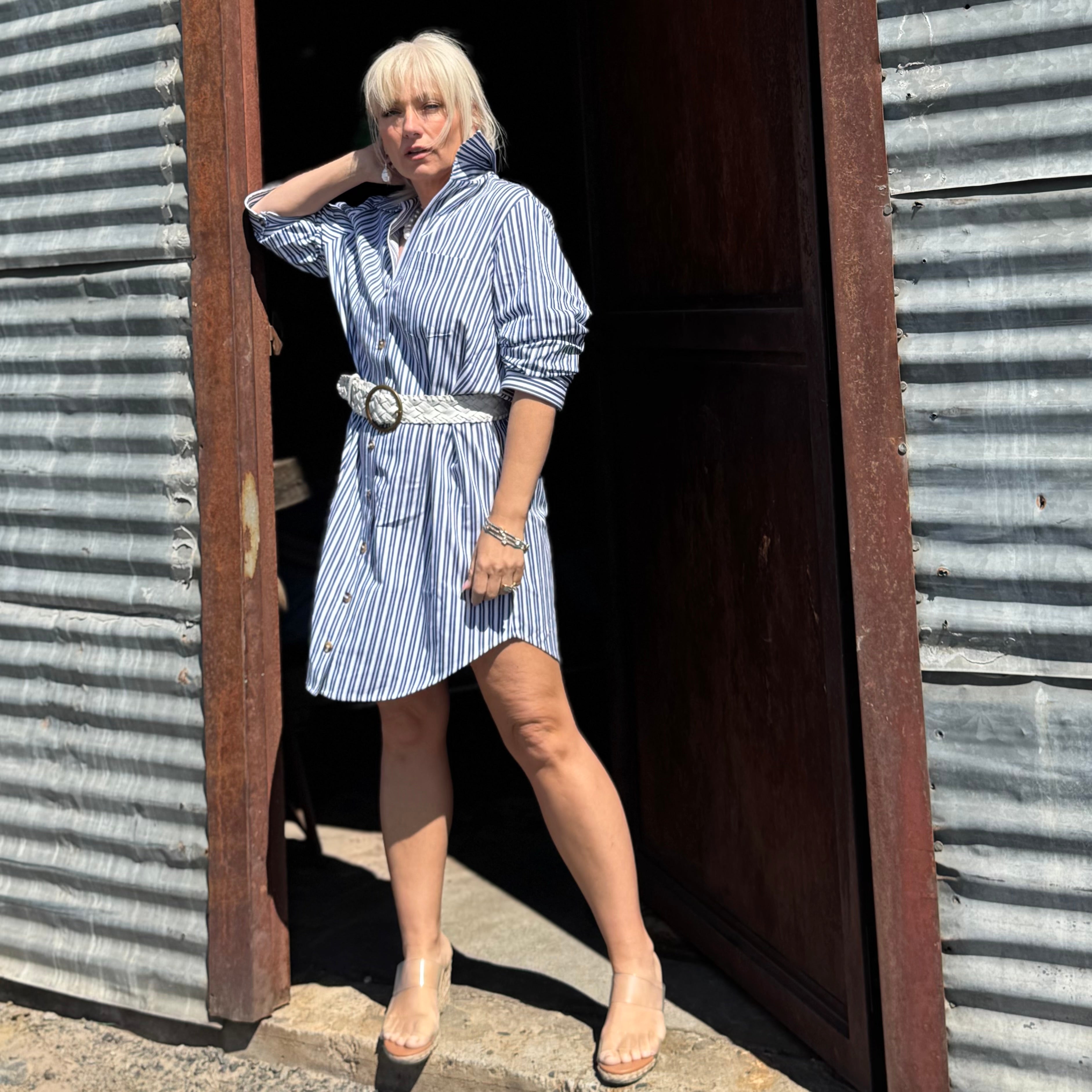 Stripe Ruched Sleeve Shirtdress