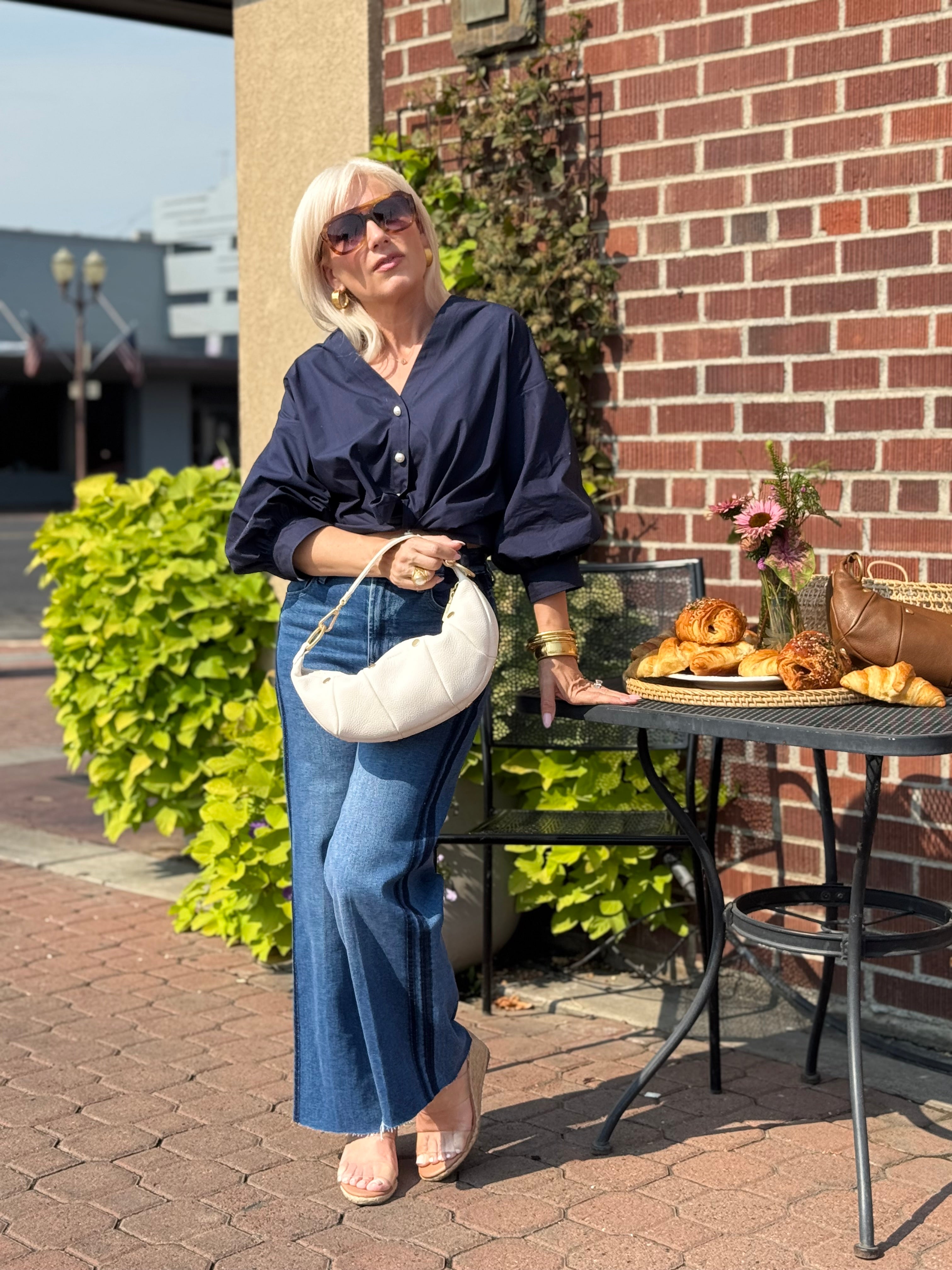 Tabatha Lantern Sleeve Top Navy
