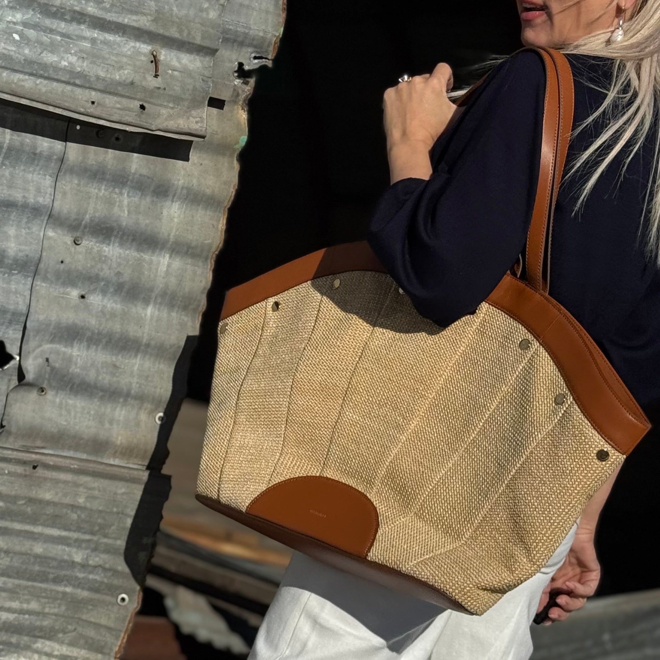 Hammitt Shelley Tote Cocoa Raffia/Gold
