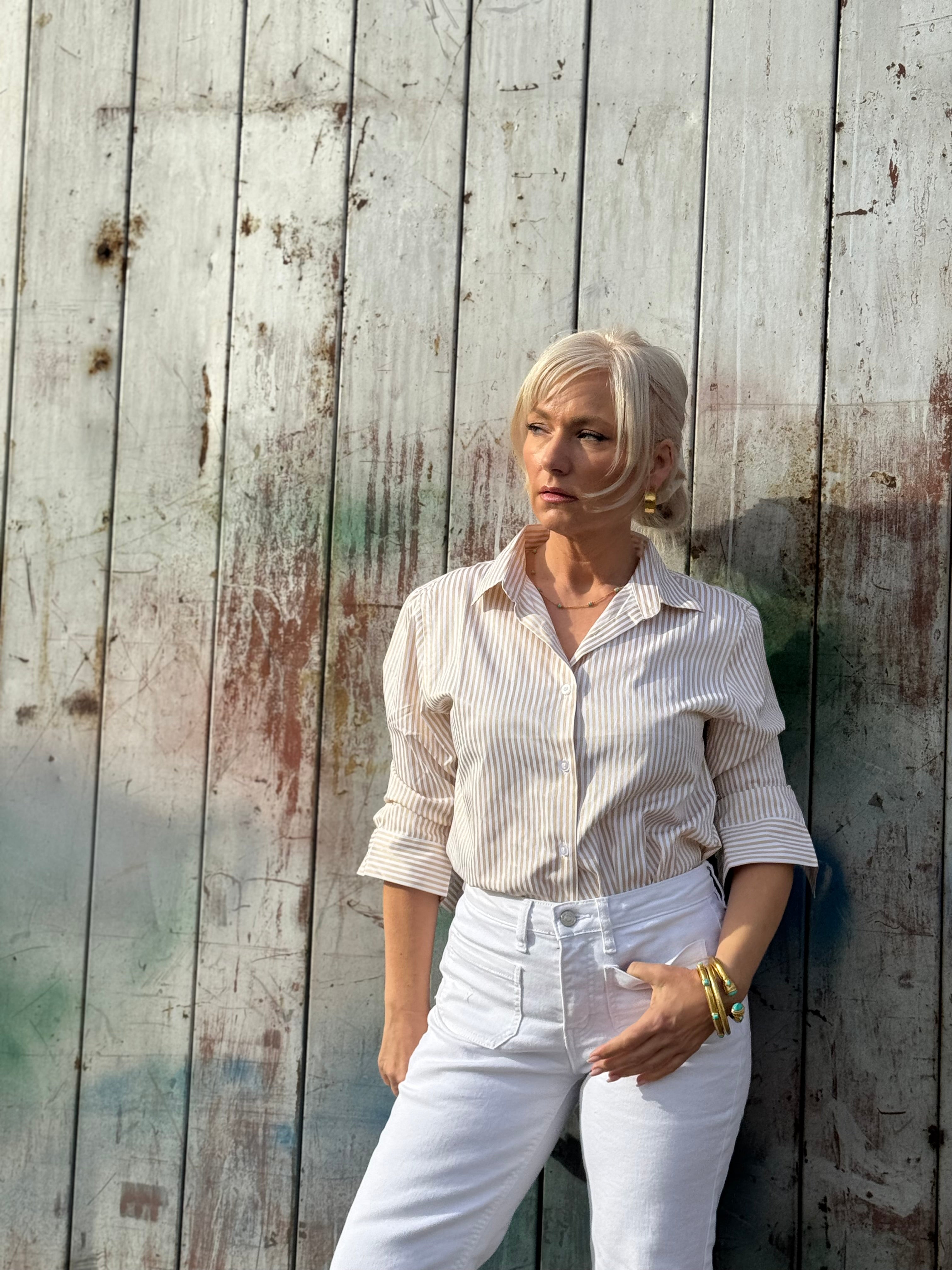 Cabana Stripe Wrinkle Release Top Khaki