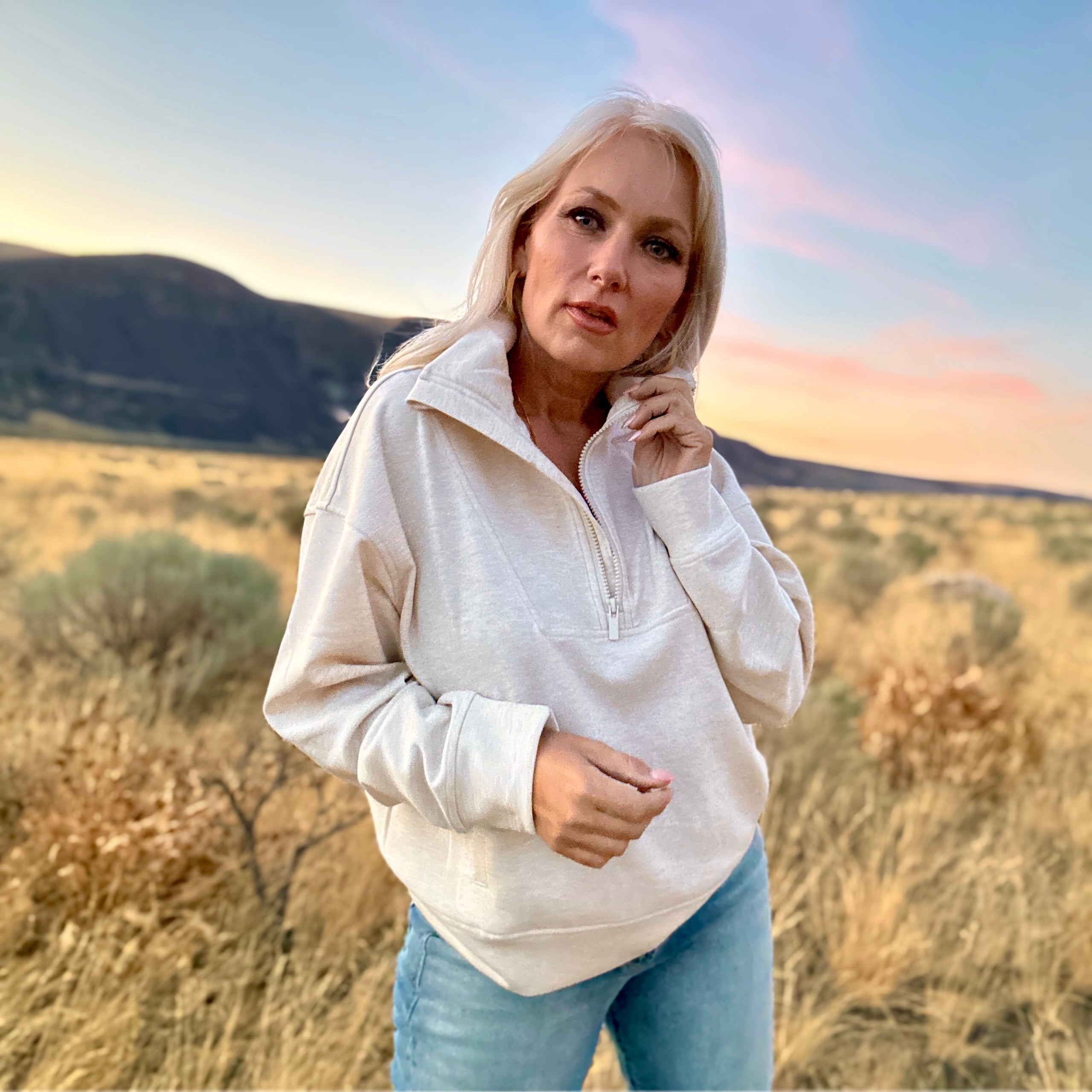 Anywhere Half Zip Pullover (Heathered Beige)