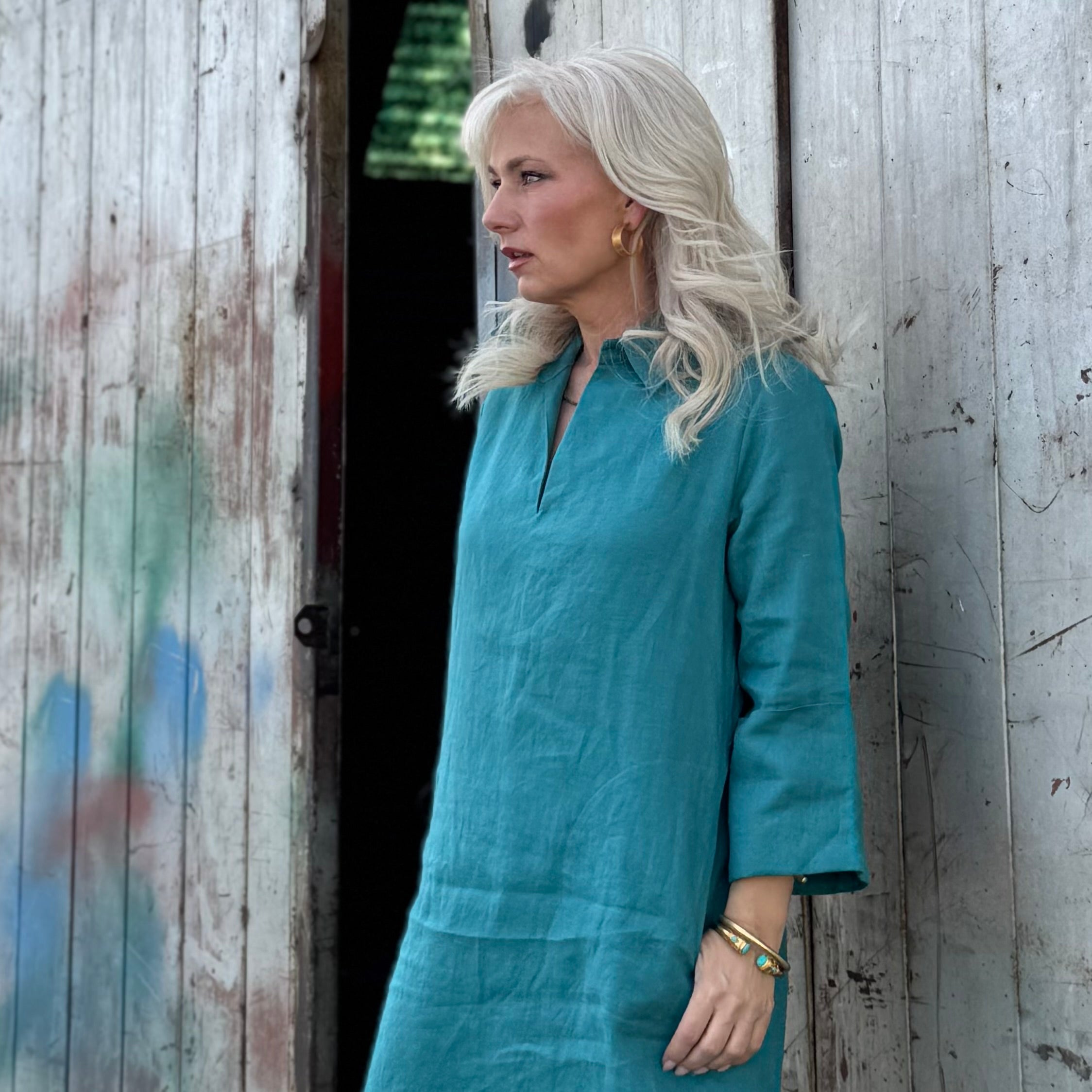 Bianca Linen Dress Turquoise