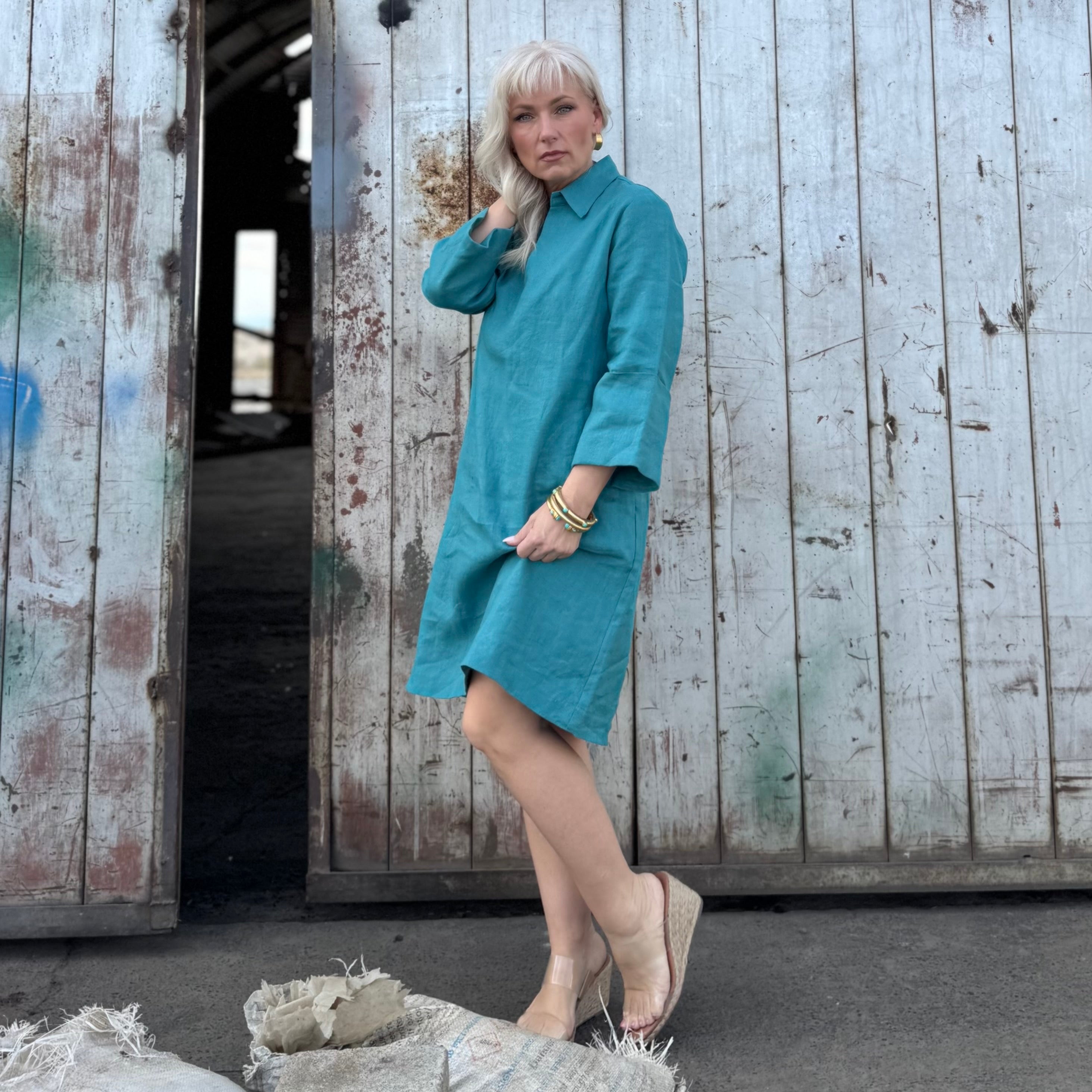 Bianca Linen Dress Turquoise