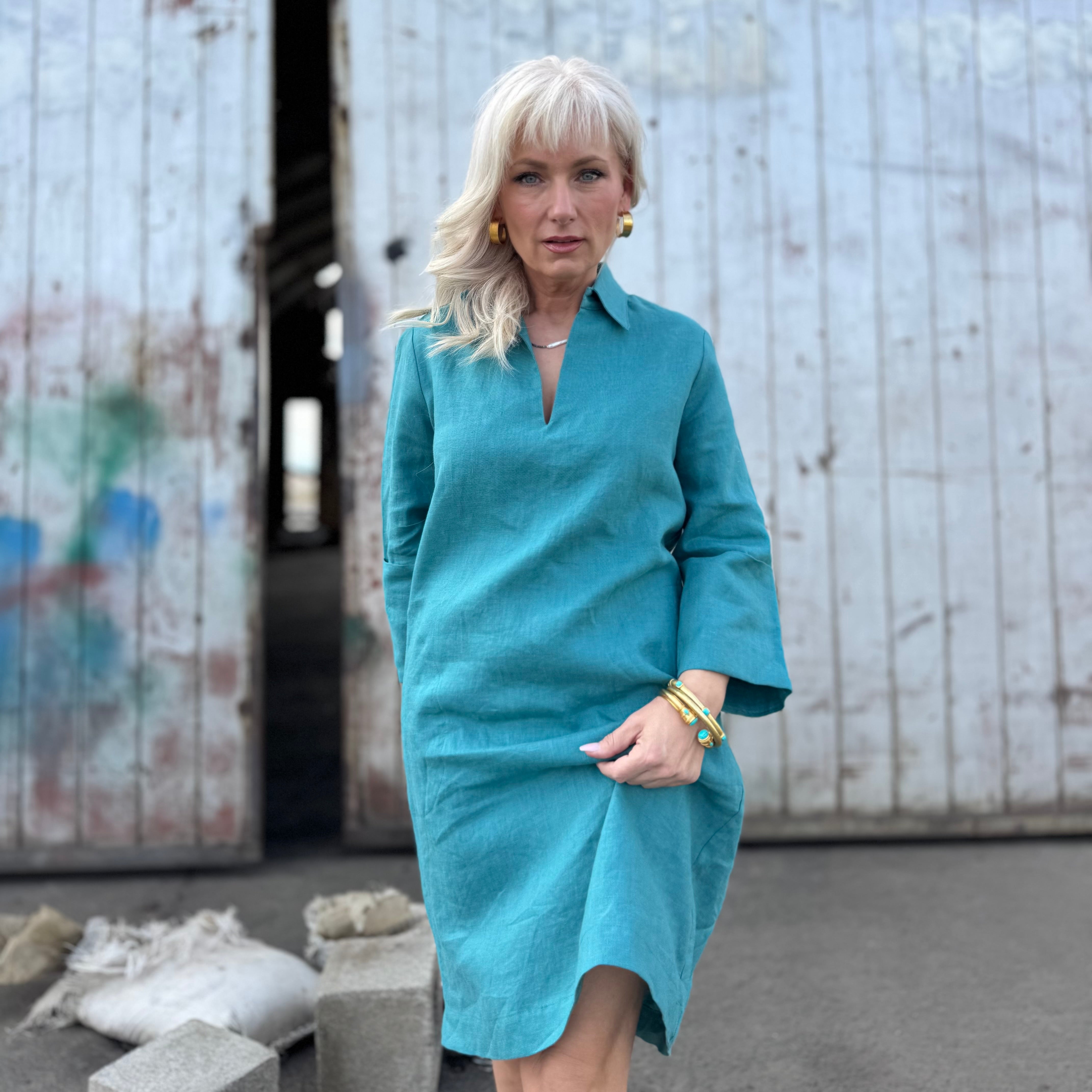 Bianca Linen Dress Turquoise