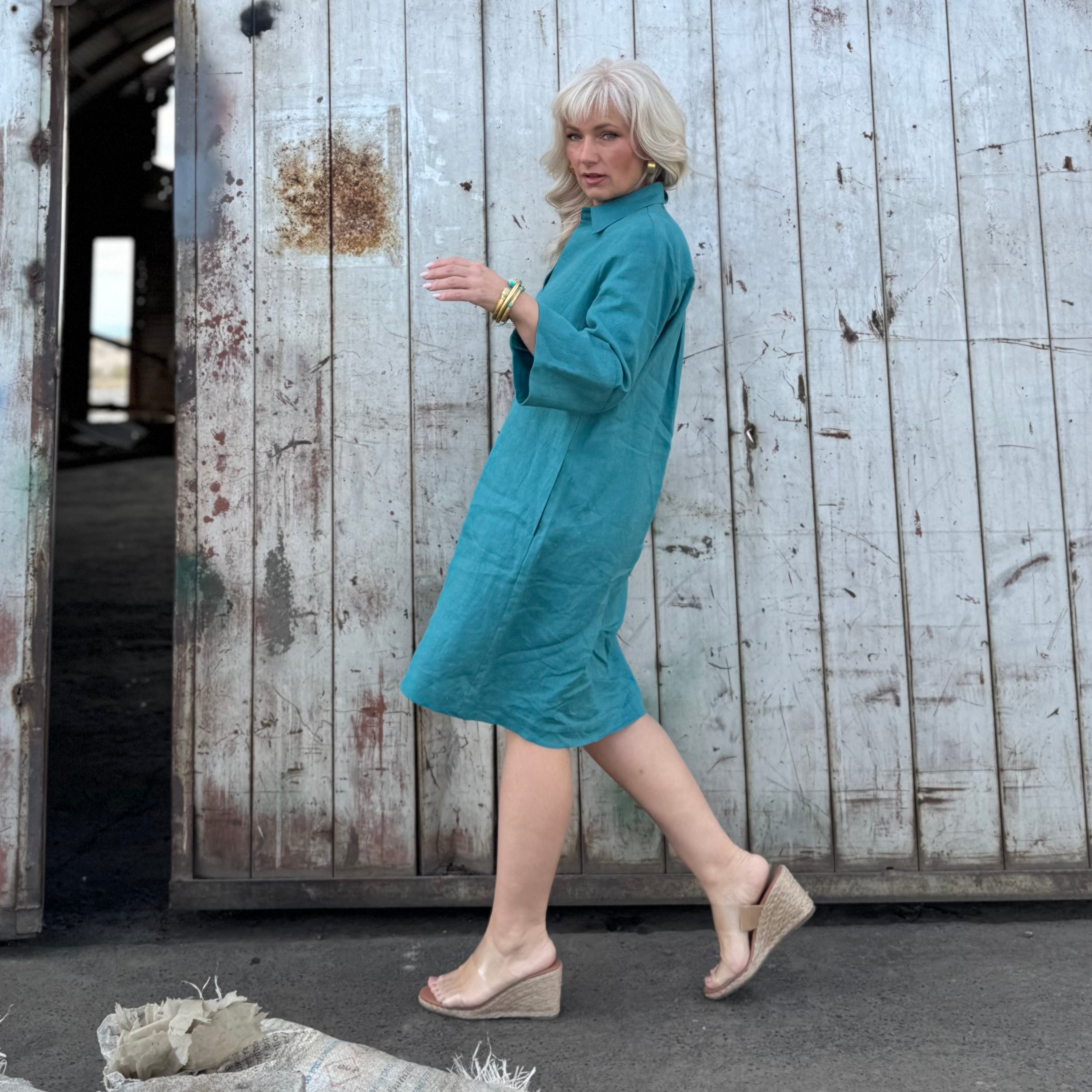 Bianca Linen Dress Turquoise