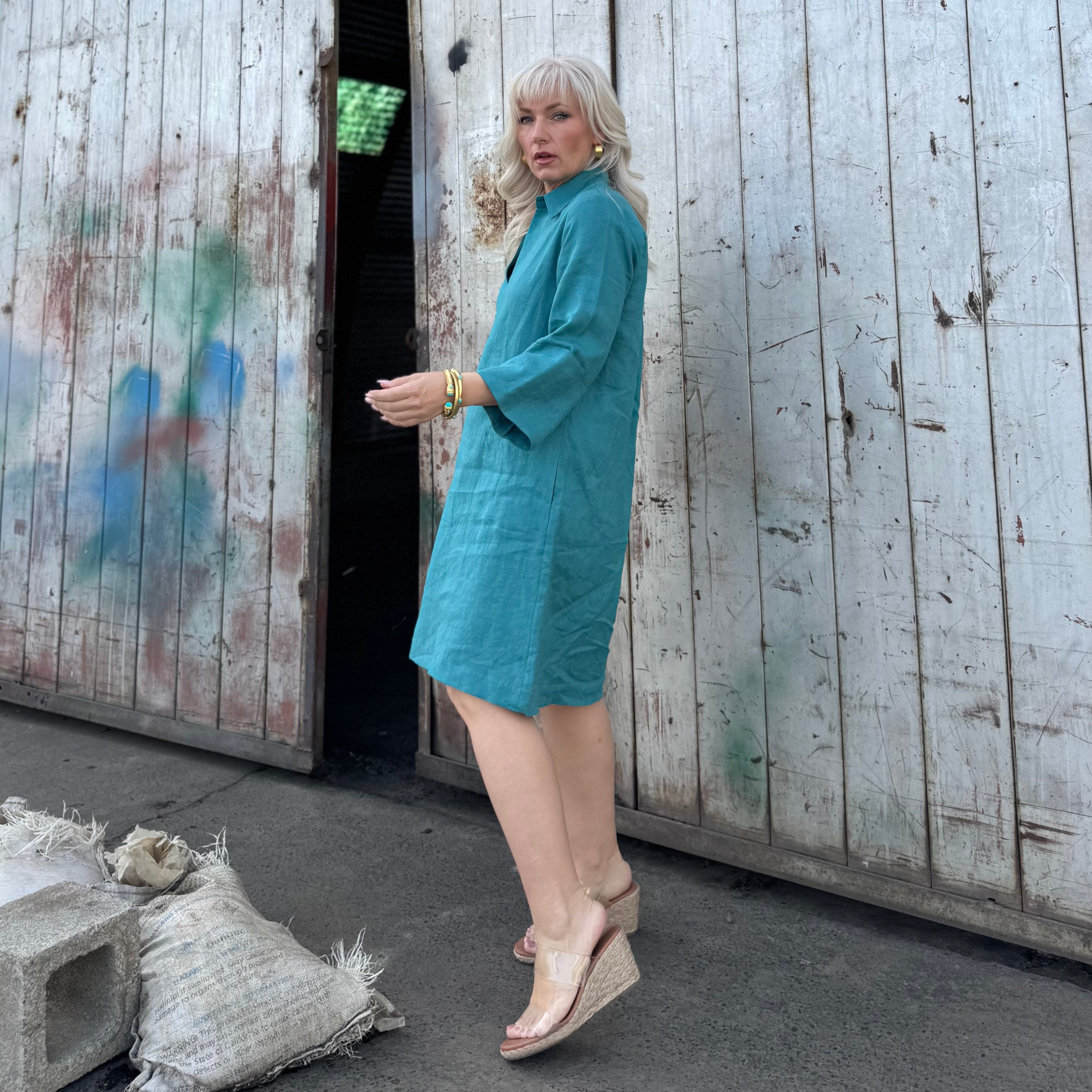 Bianca Linen Dress Turquoise