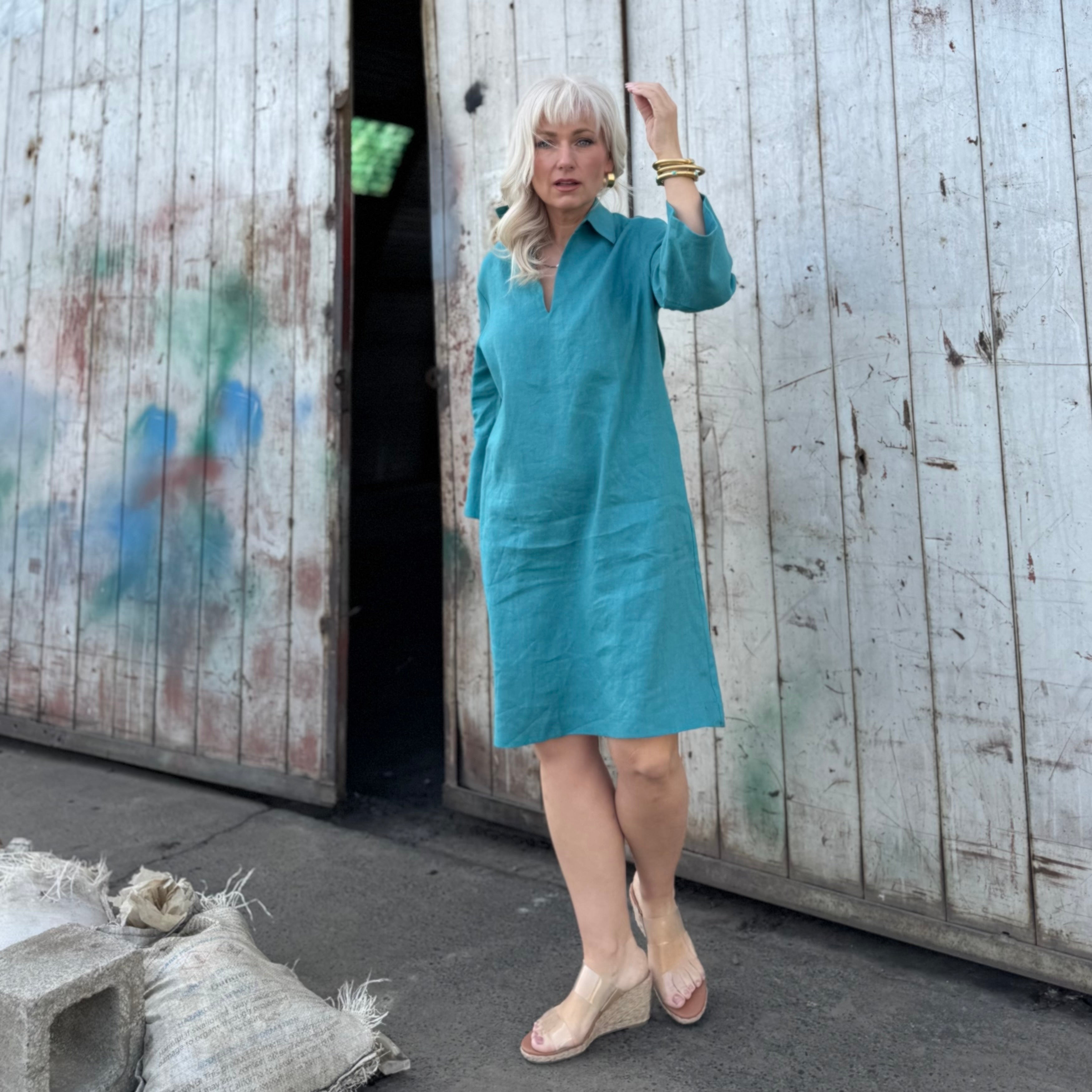 Bianca Linen Dress Turquoise