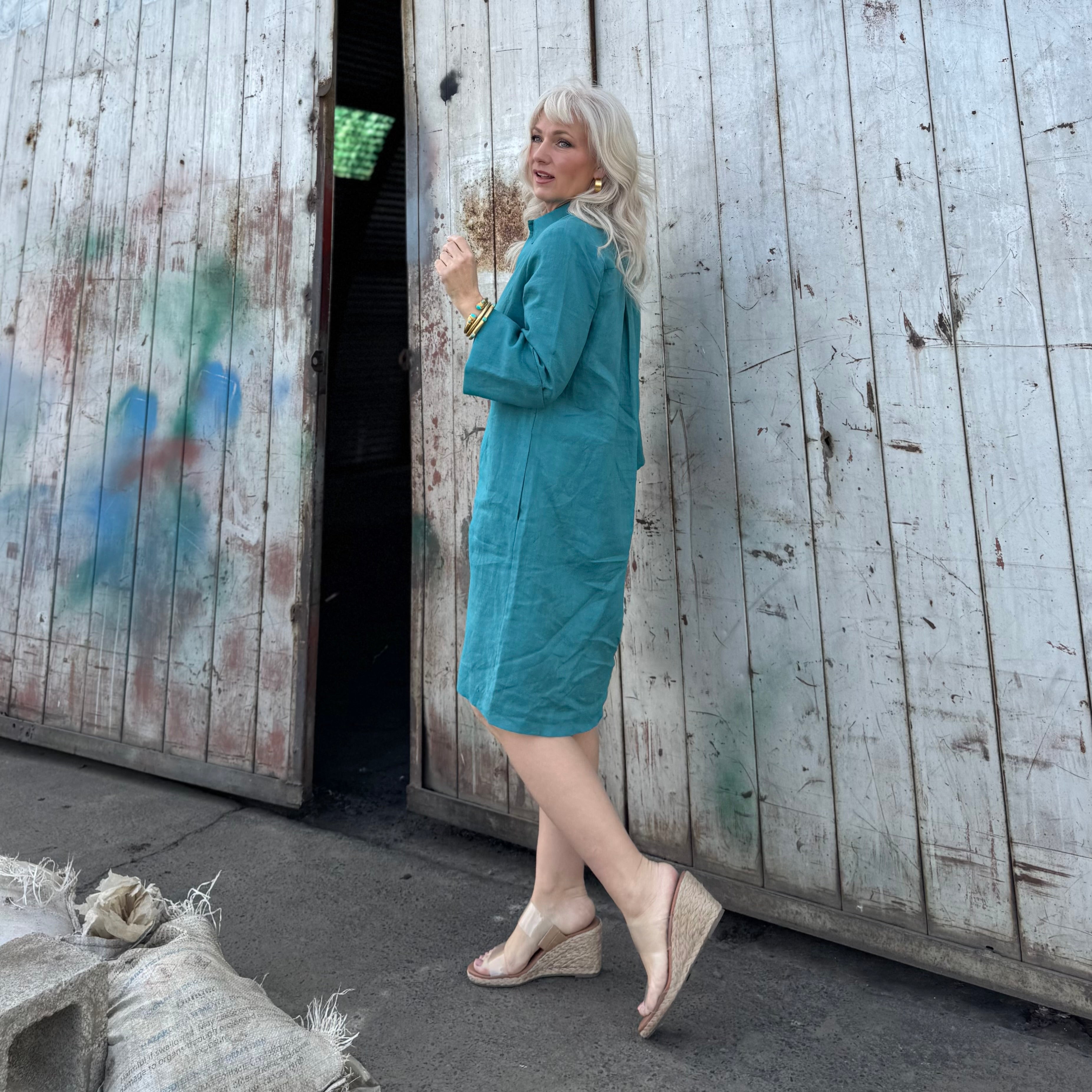 Bianca Linen Dress Turquoise