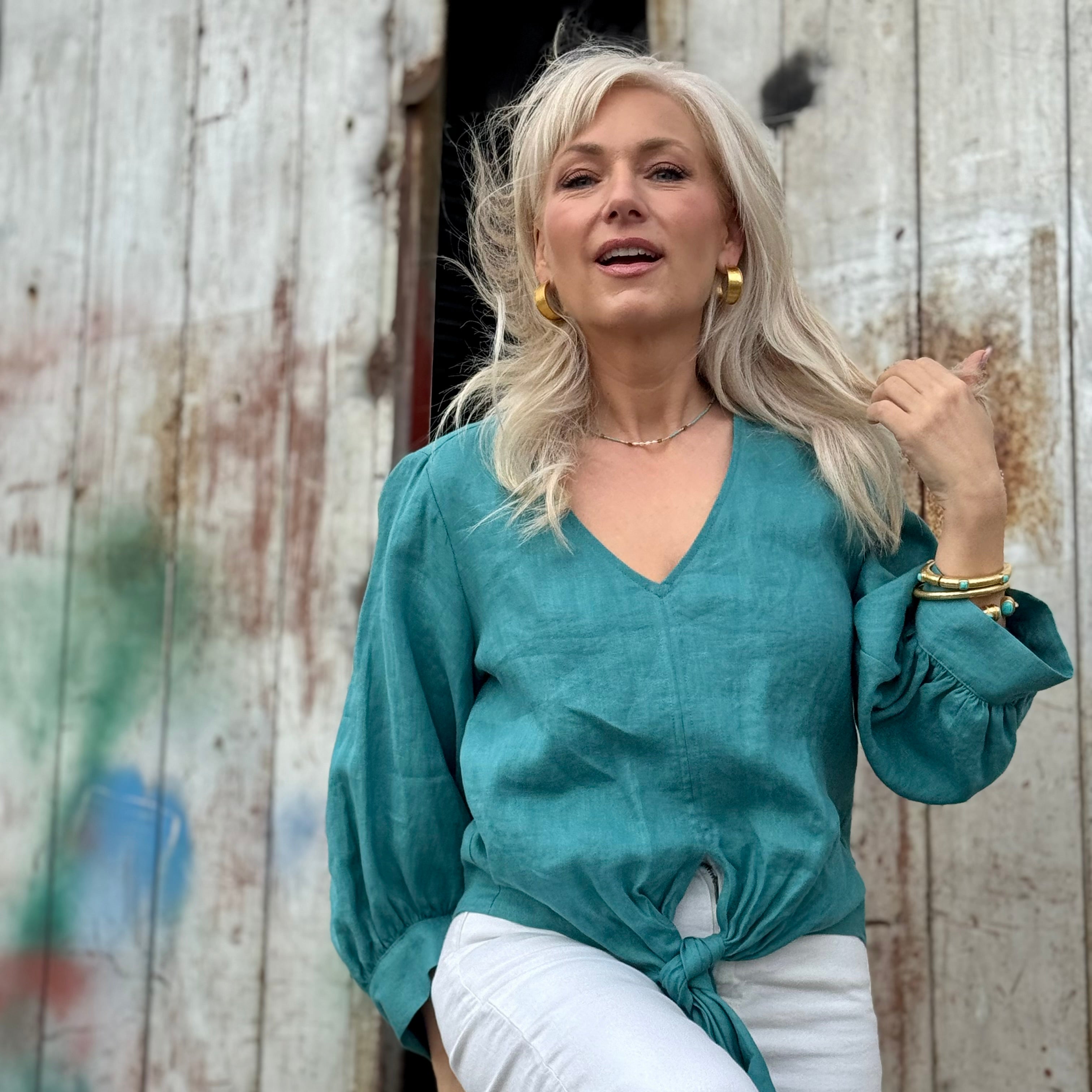 Lolia Blouson Sleeve Linen Top Turquoise