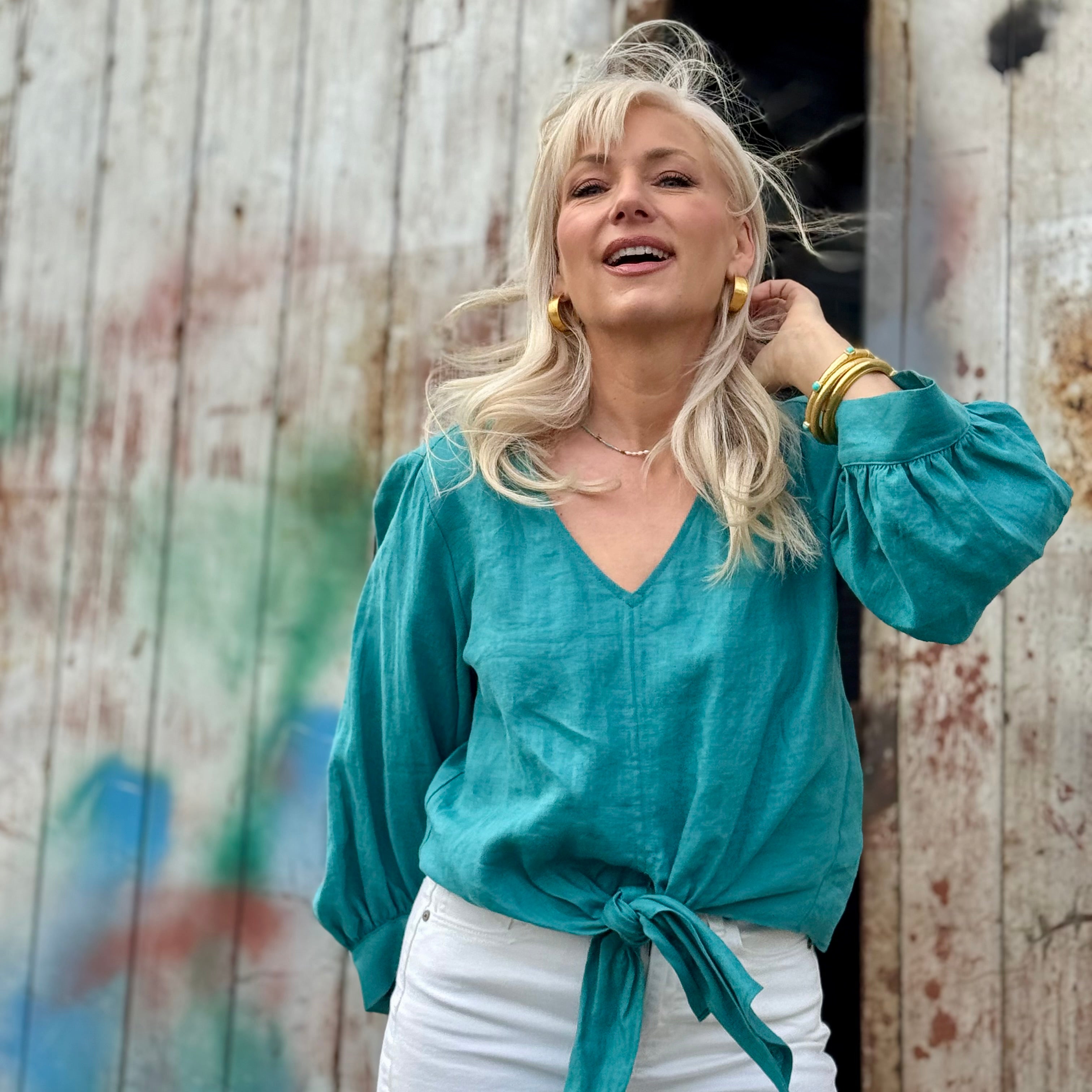 Lolia Blouson Sleeve Linen Top Turquoise