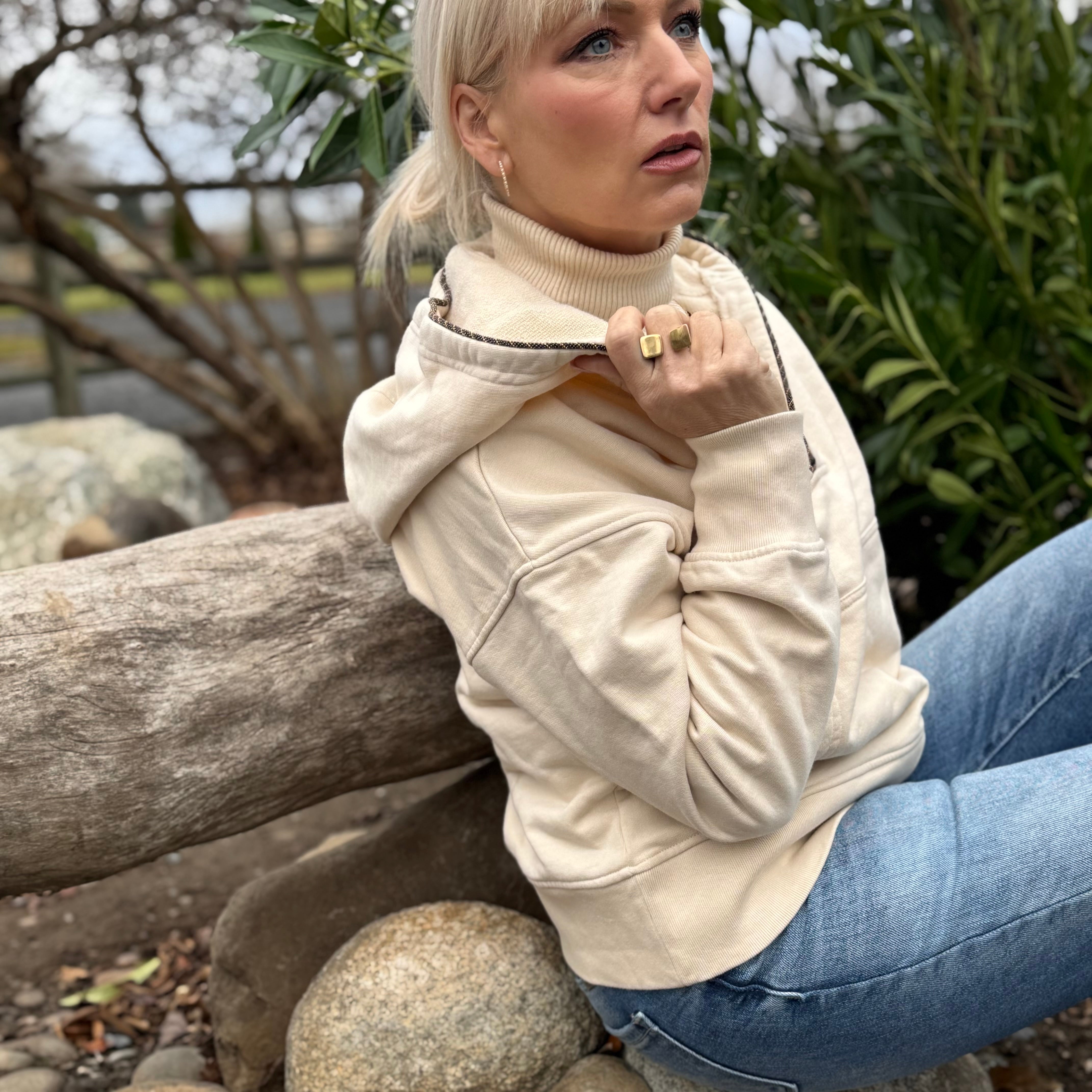 Ecru Haven Beaded-Trim Hoodie