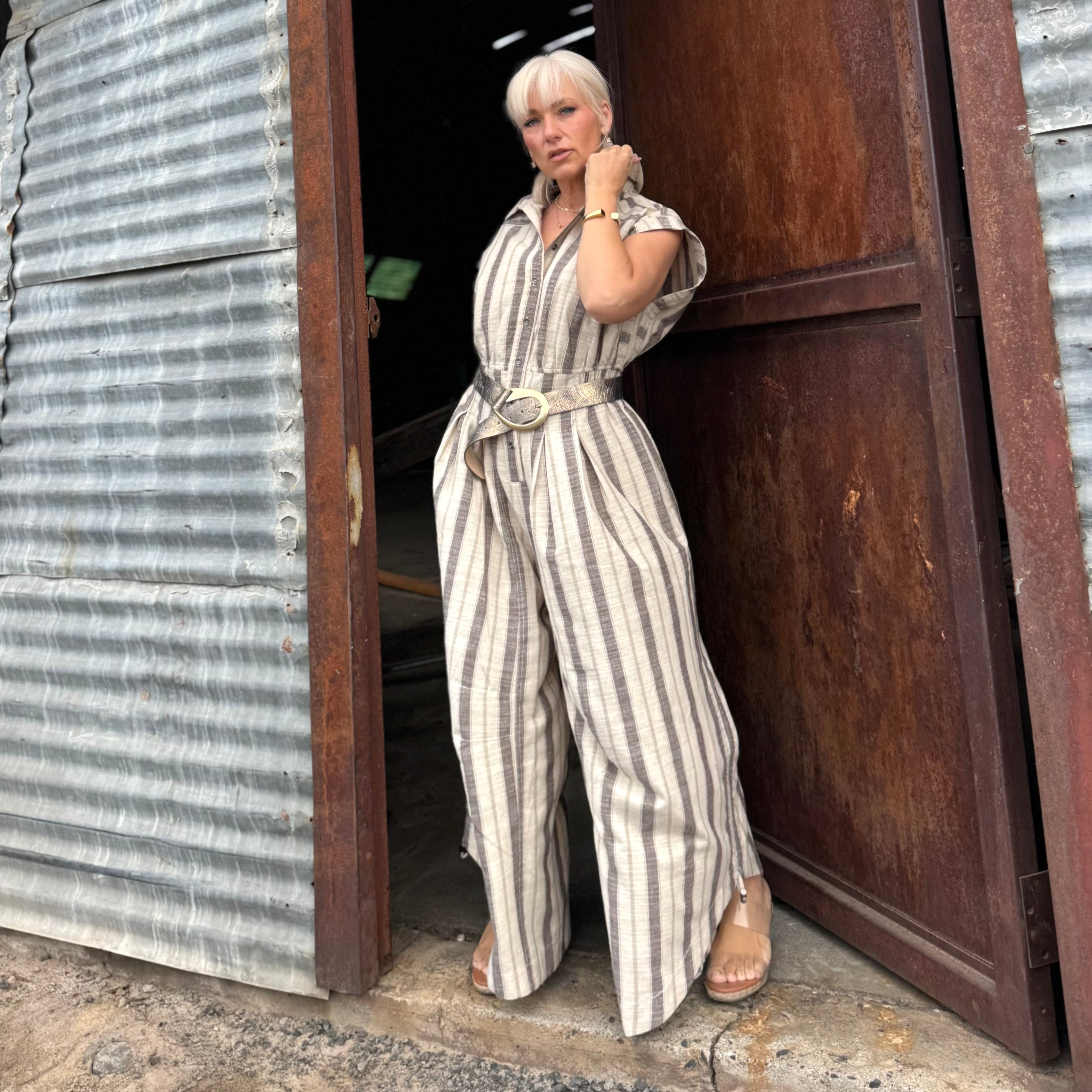 Driftwood Stripe Belted Jumpsuit