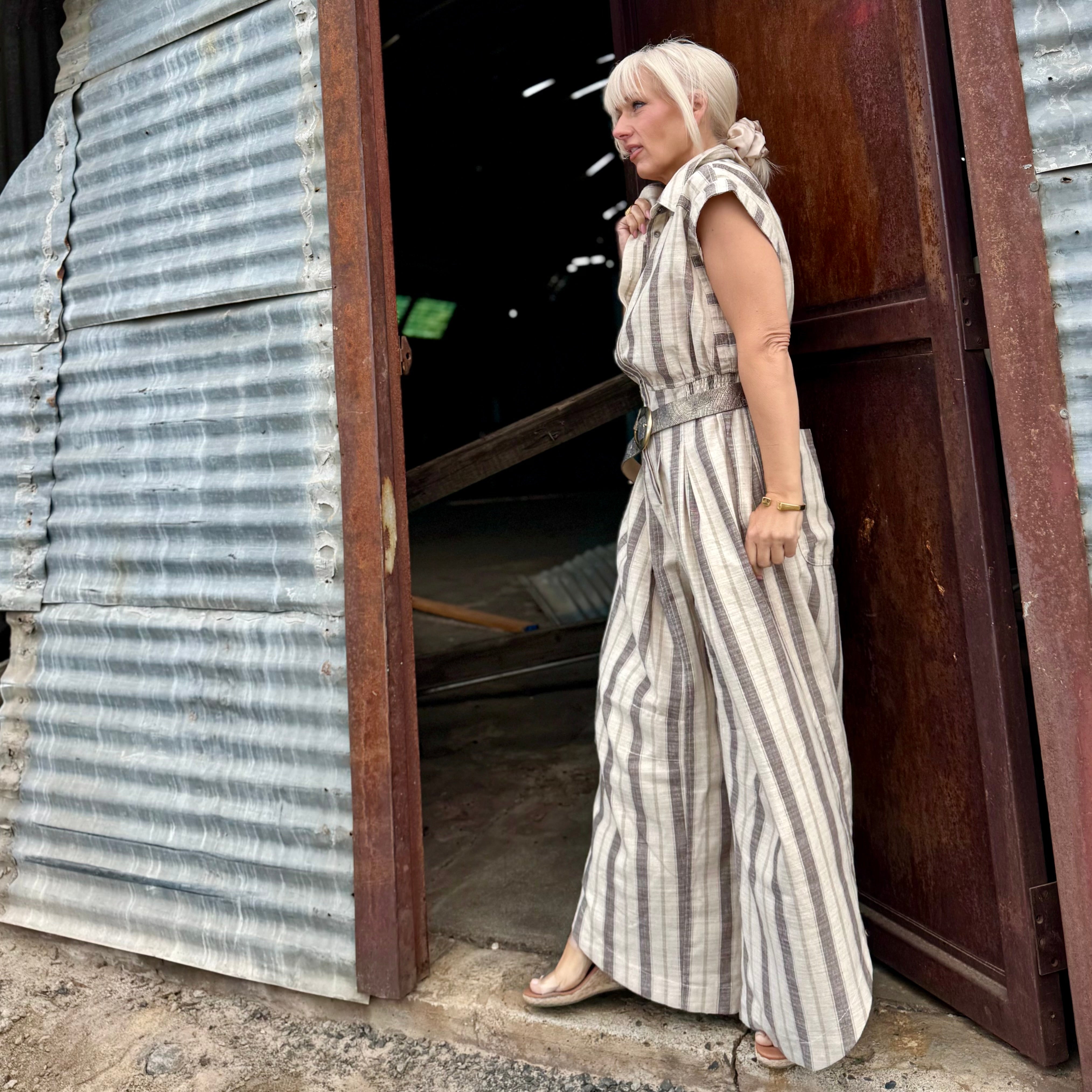 Driftwood Stripe Belted Jumpsuit