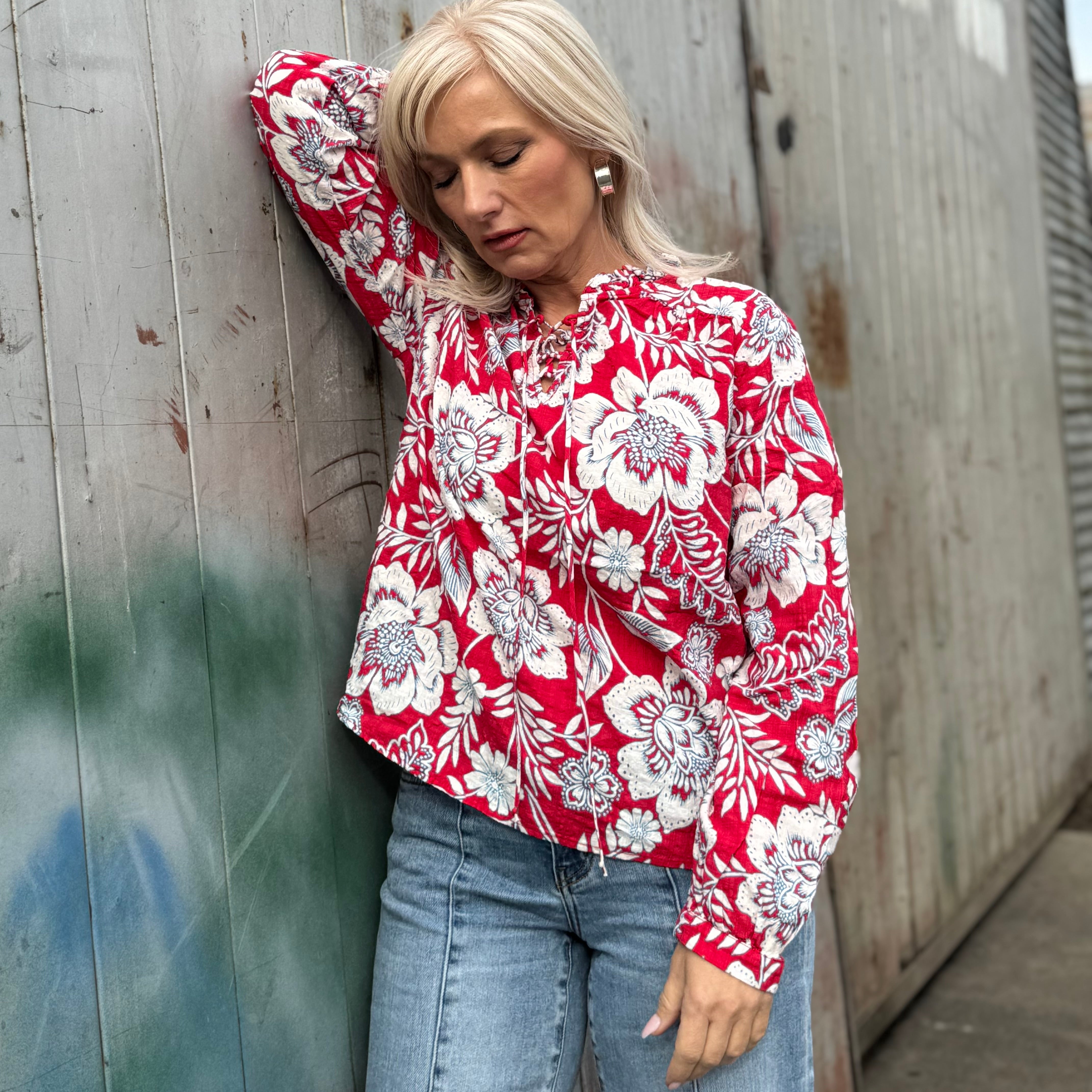 Scarlet Garden Lace-Up Blouse
