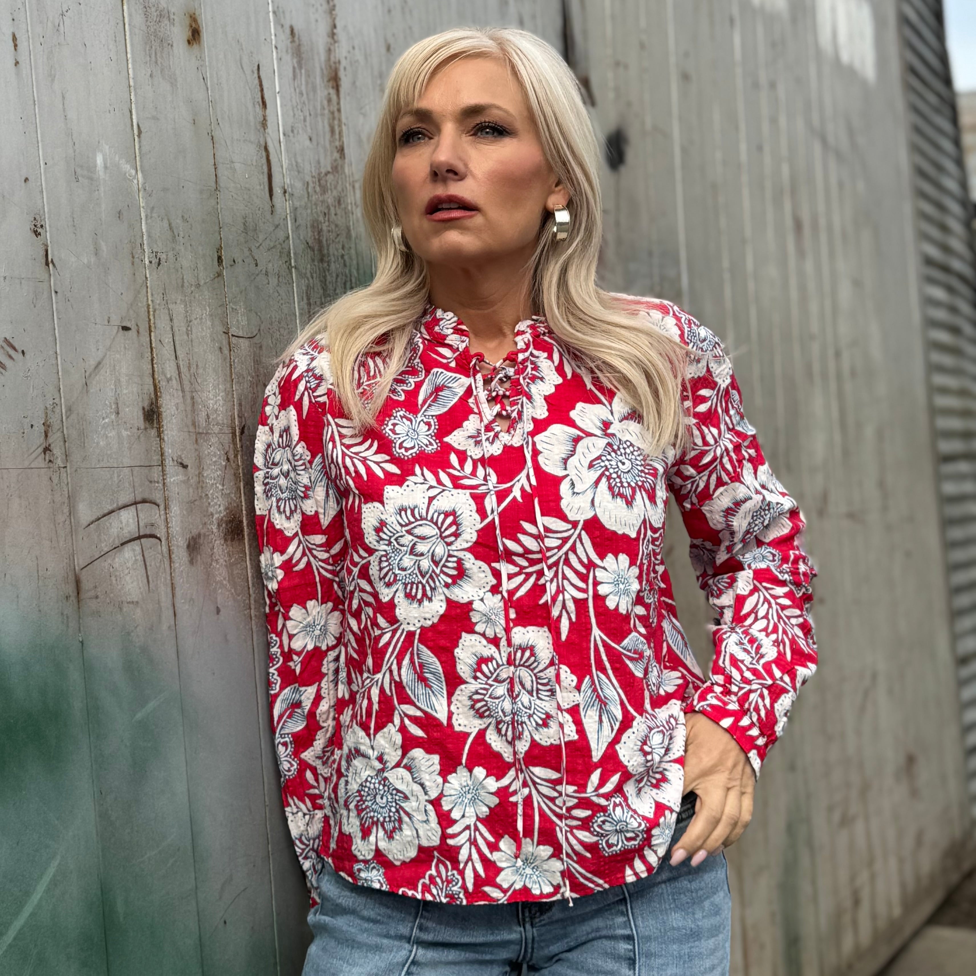 Scarlet Garden Lace-Up Blouse