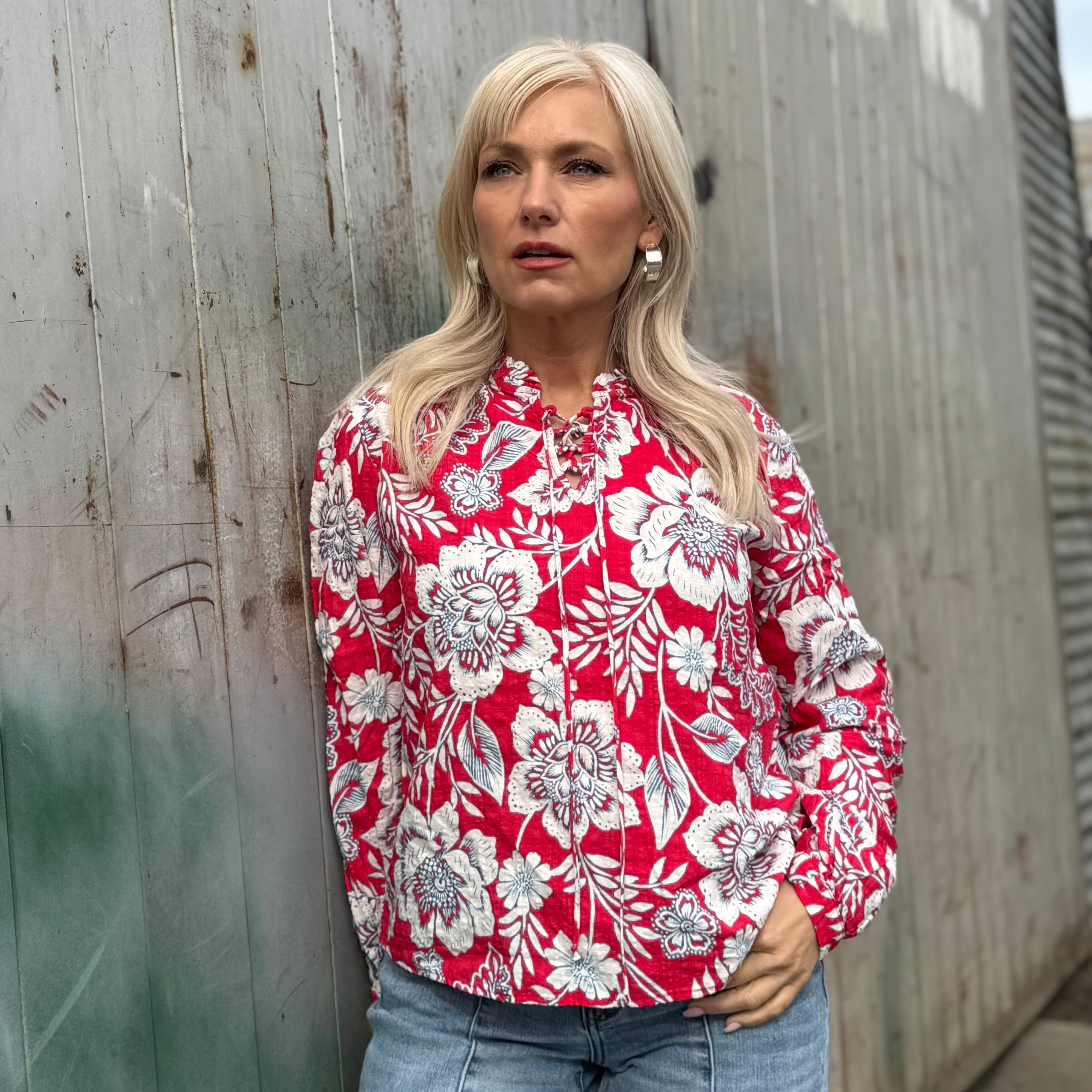 Scarlet Garden Lace-Up Blouse