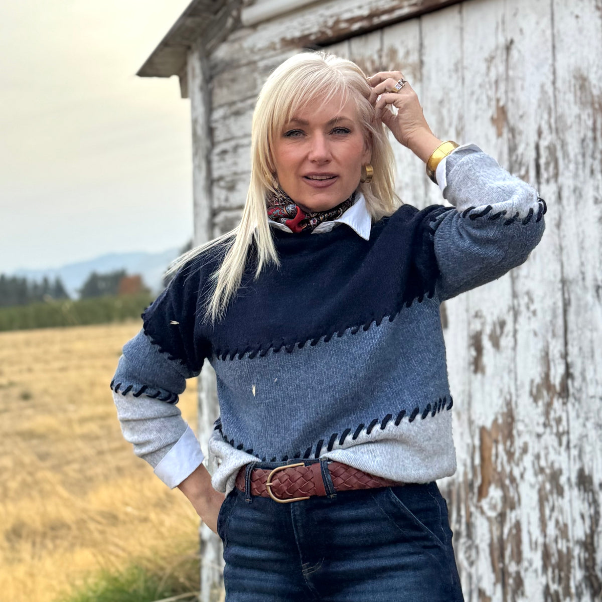 Contrast Stitch Mock Neck Colorblock Sweater