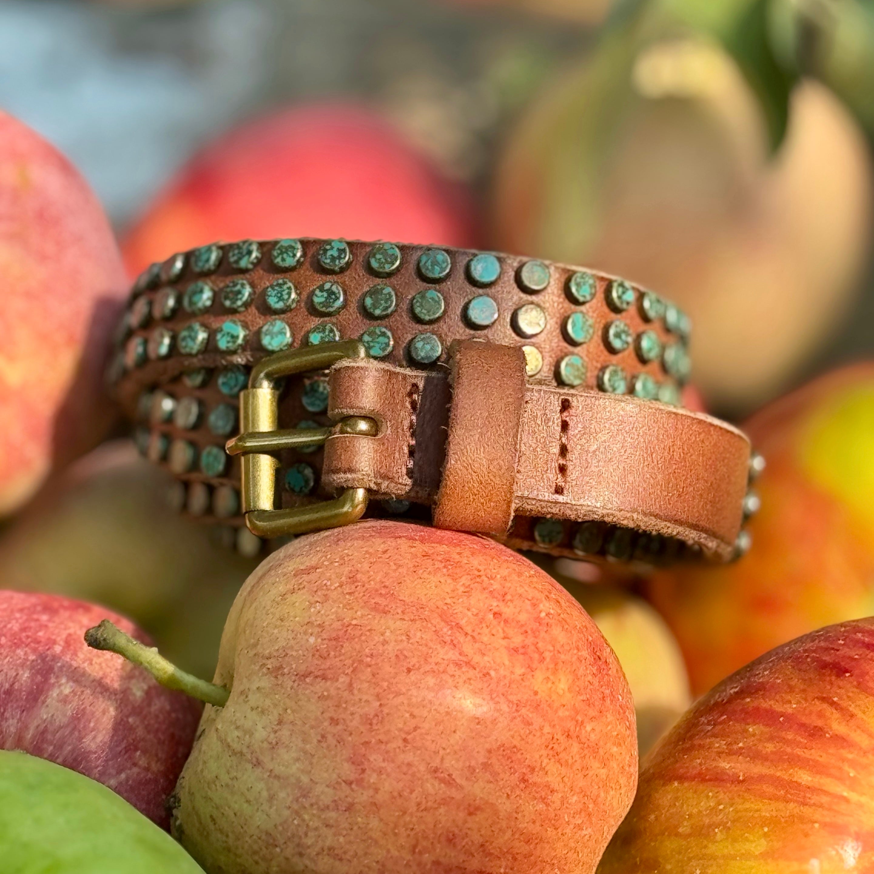 Azra | Leather Belt With Turquoise Patina Studs