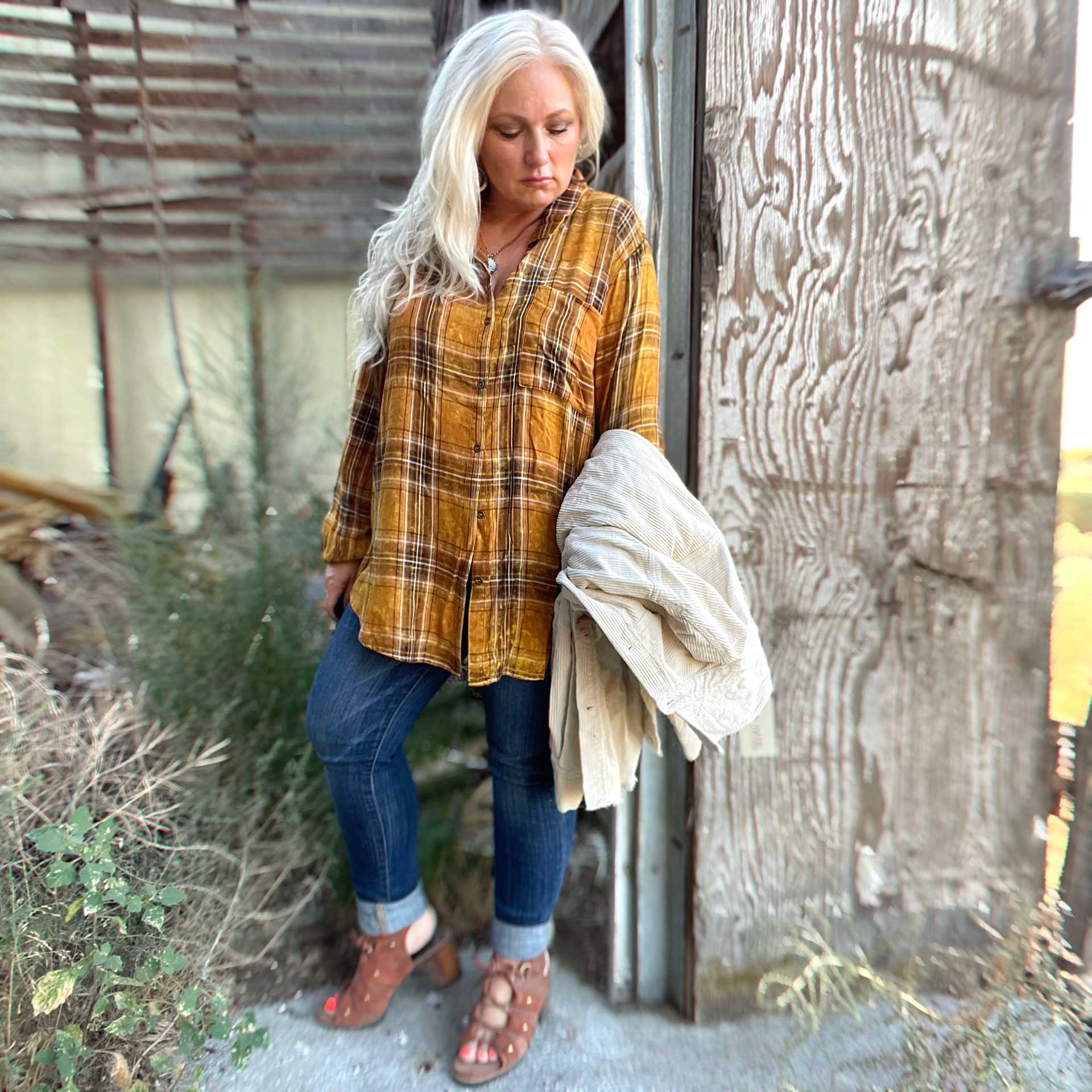 Gabby Acid Washed Plaid Shirt (Pumpkin)